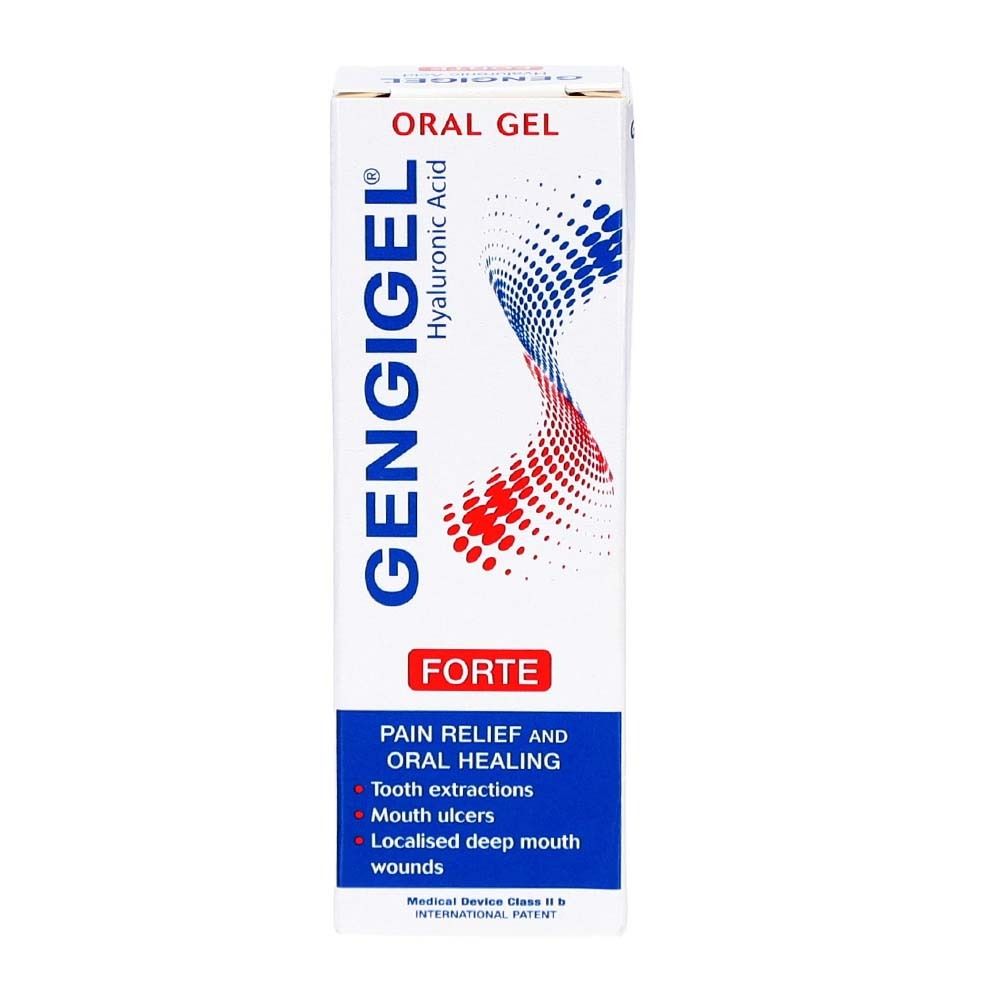 Gengigel® Gel forte-Verpackung. Weißer Karton mit Produktnamen, rotem und blauem Design. Enthält Informationen zur Mundgesundheit.