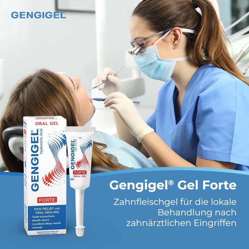 Zahnarzt behandelt Patientin. Gengigel® Gel forte-Verpackung und Tube liegen bereit. Produktname und Anwendungshinweise sind sichtbar.
