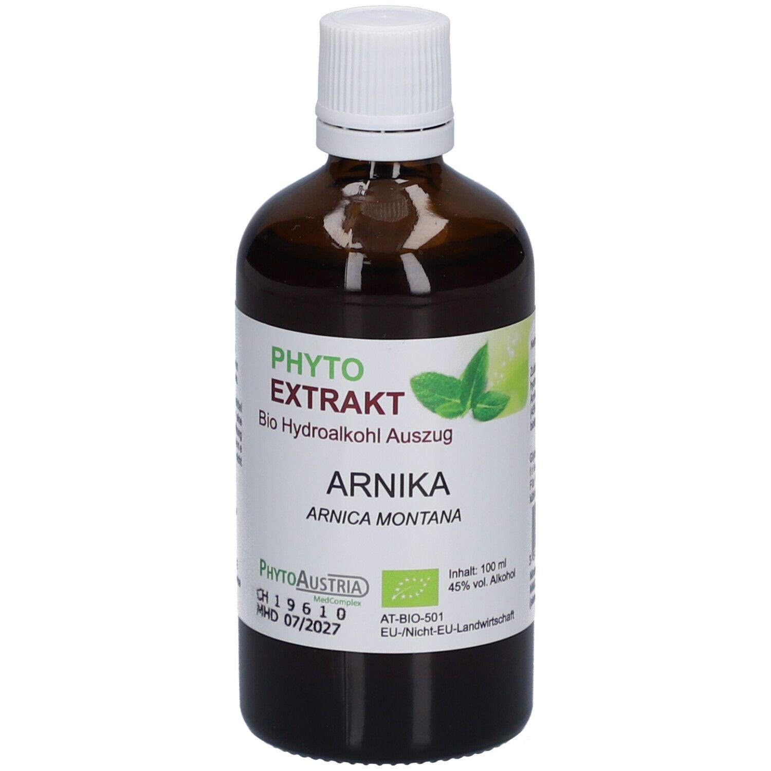 Braune Glasflasche mit weißem Deckel. Etikett mit Produktnamen, grünen Blättern und Zertifizierung.