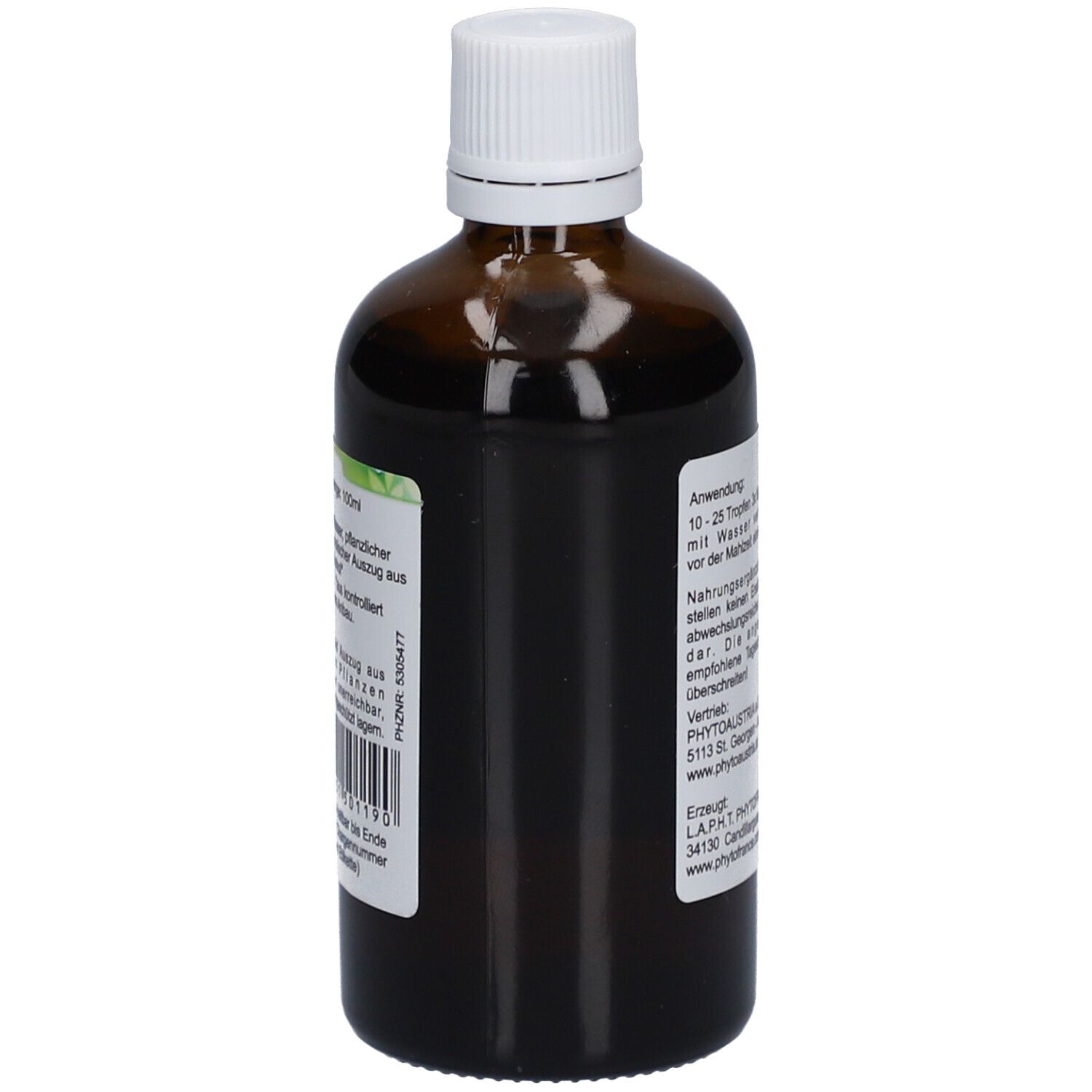 Braune Glasflasche mit weißem Deckel. Seitenansicht mit Etikett und Barcode.