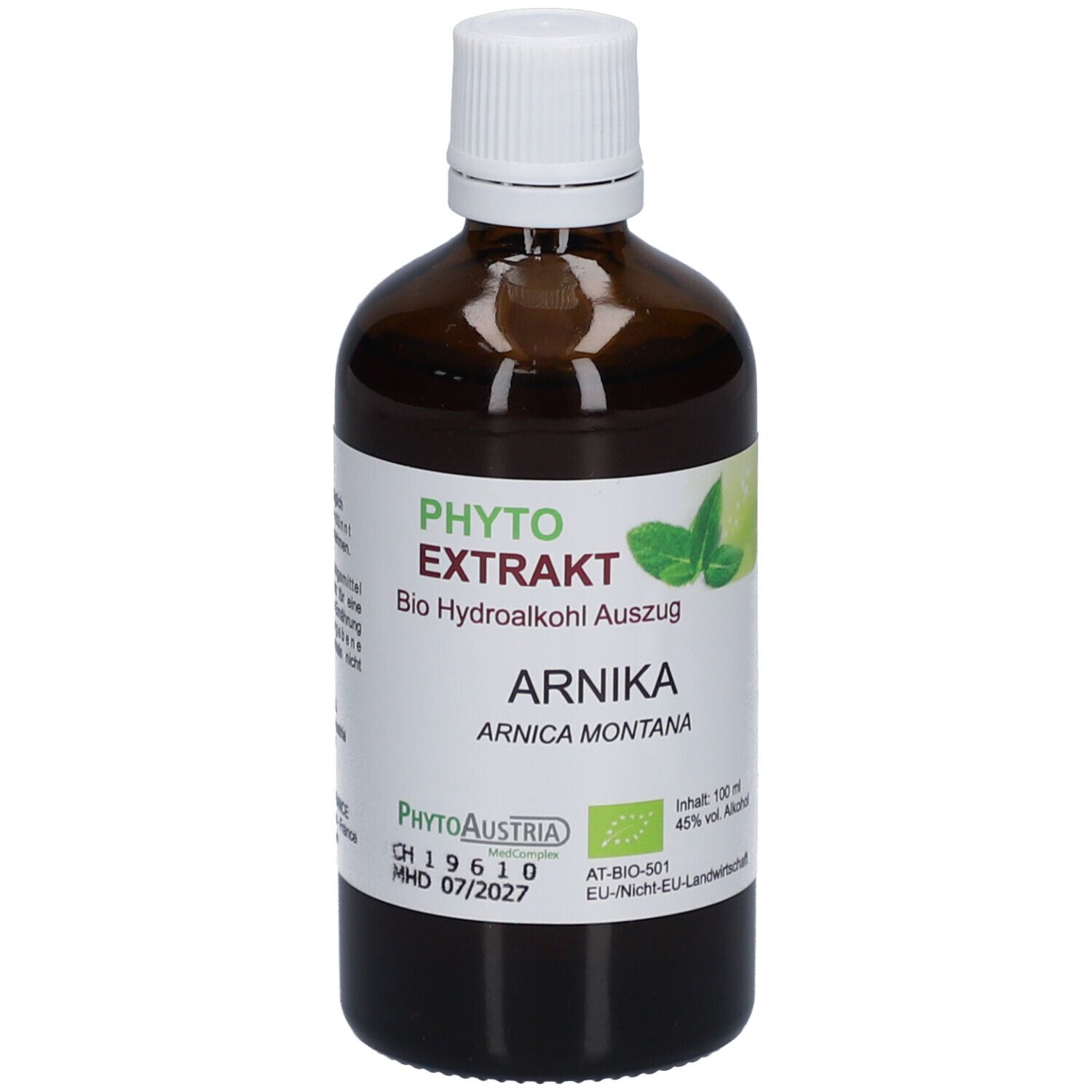 Braune Glasflasche mit weißem Deckel. Etikett mit Produktnamen, grünen Blättern und Zertifizierung.