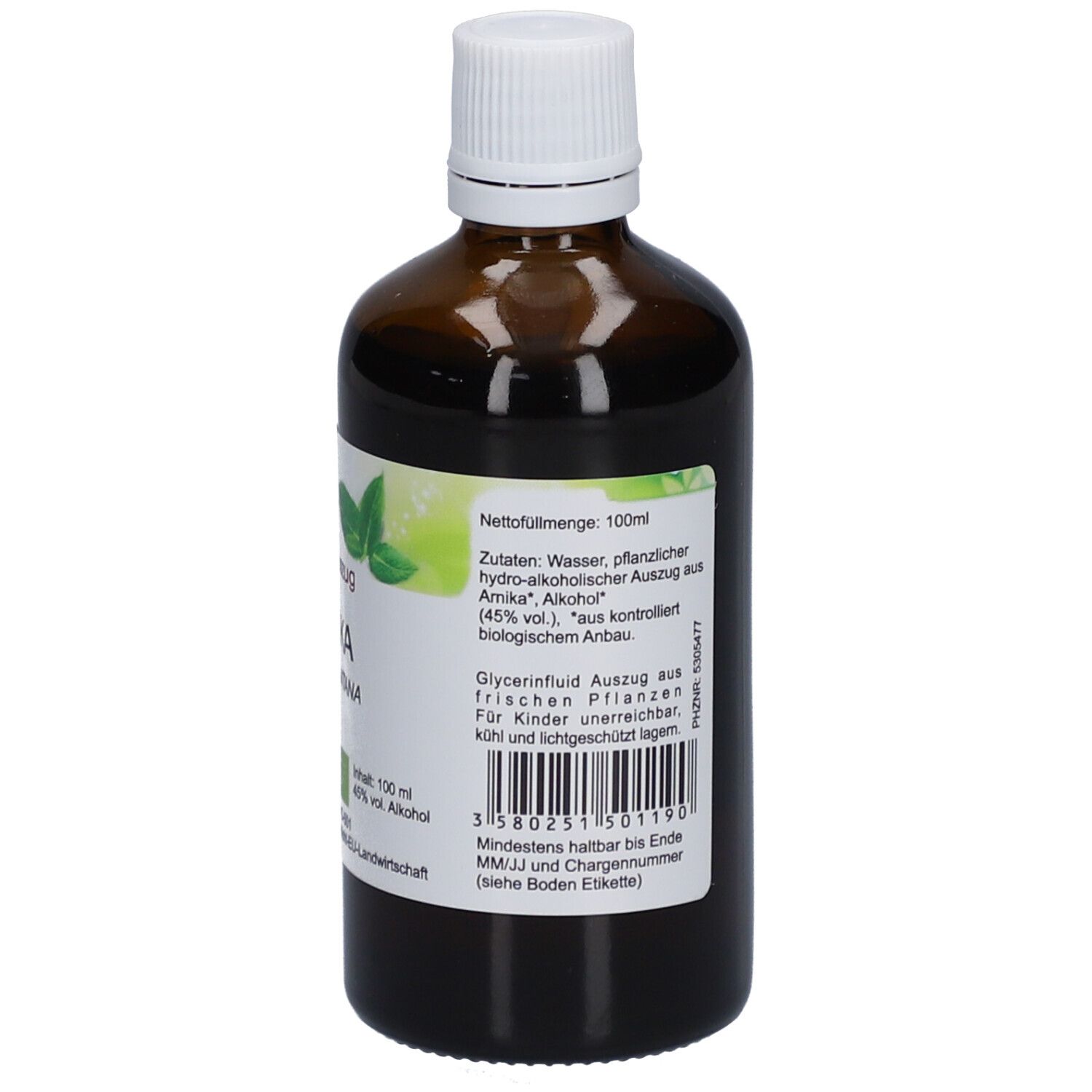 Braune Glasflasche mit weißem Deckel. Etikett mit Inhaltsstoffen, Mindesthaltbarkeit und Barcode.