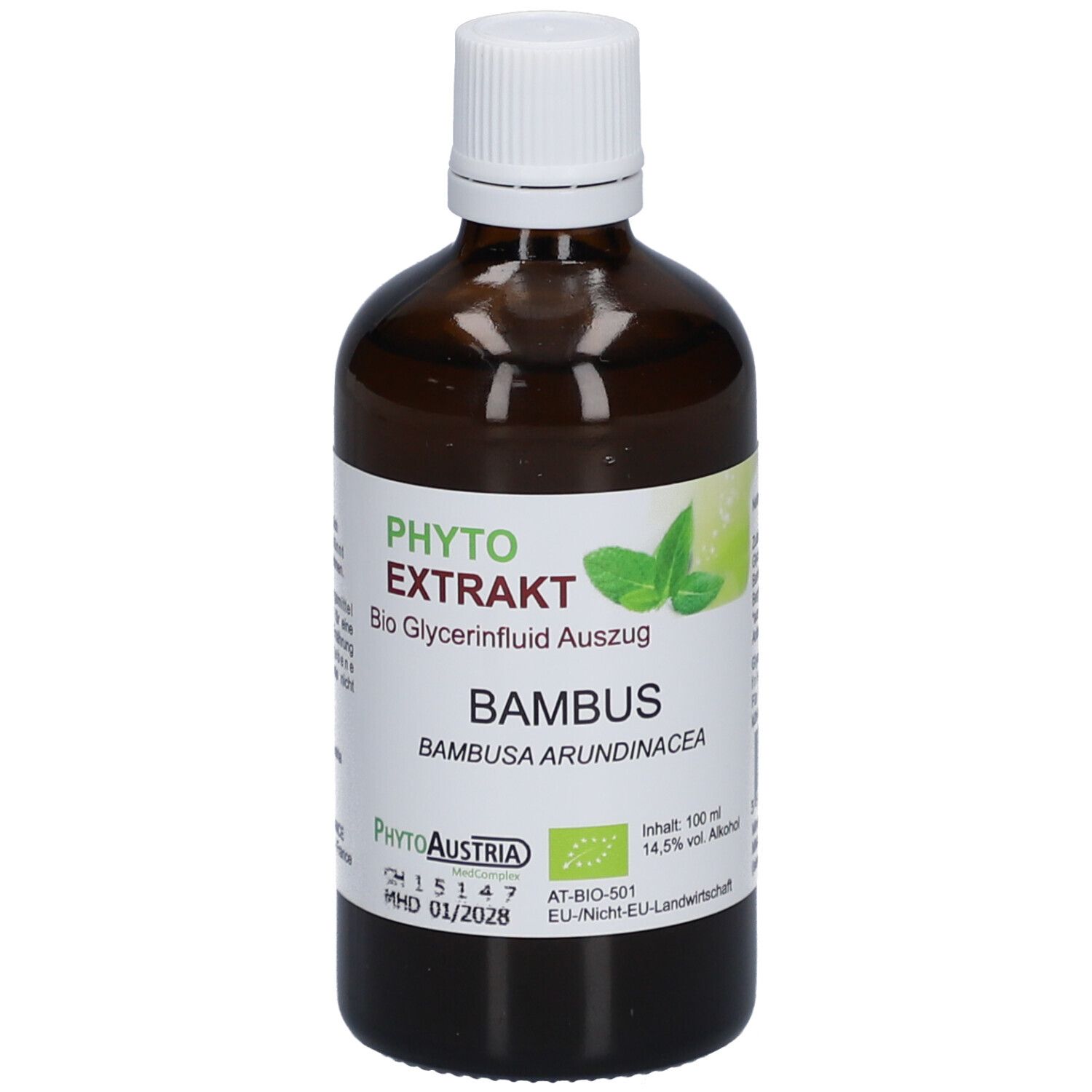 Braune Glasflasche mit weißem Deckel. Etikett mit Produktinformationen und Logo. Aufschrift: PhytoAustria Bambus.