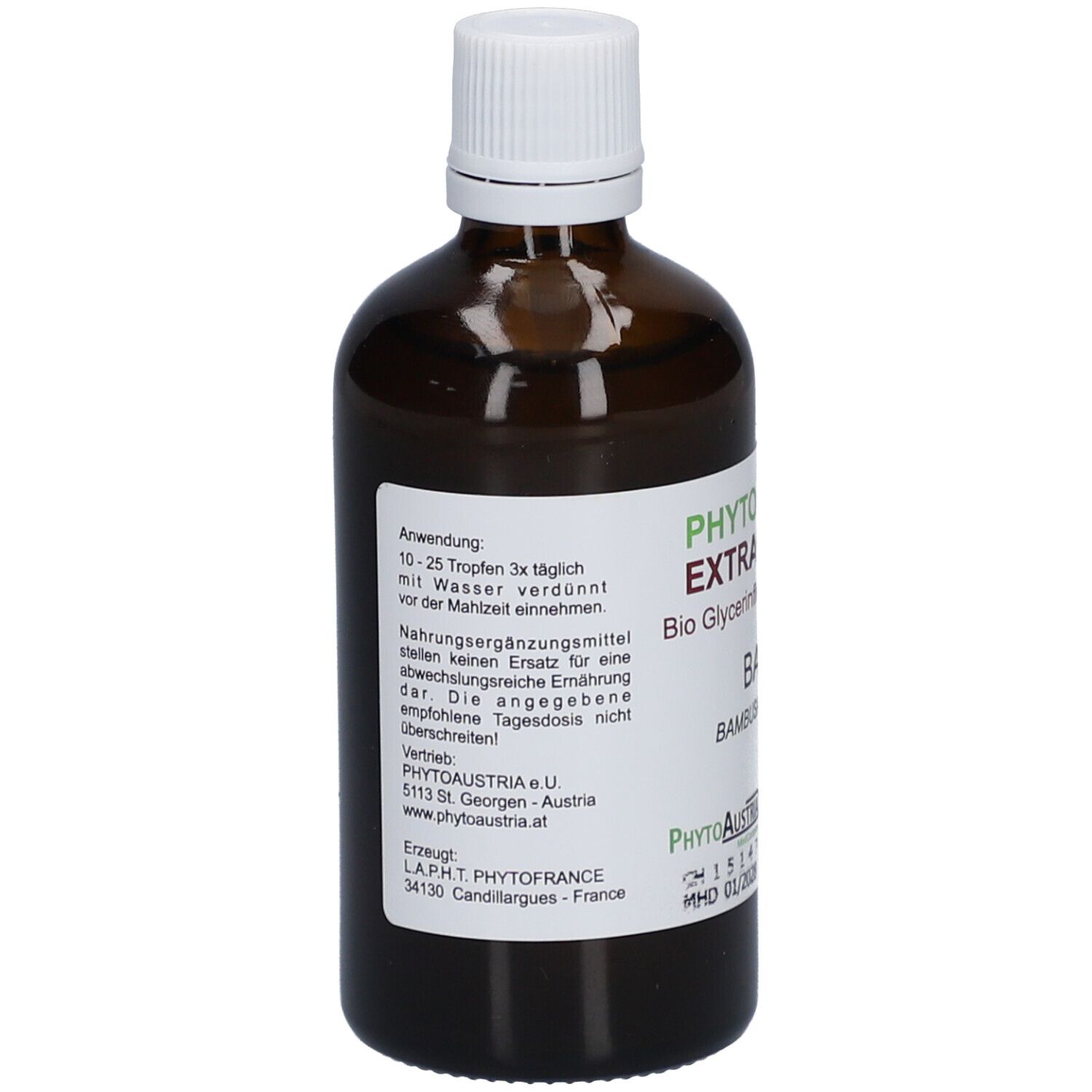 Braune Glasflasche mit weißem Deckel. Etikett mit Produktinformationen. Aufschrift: PhytoAustria. Anwendungshinweise.