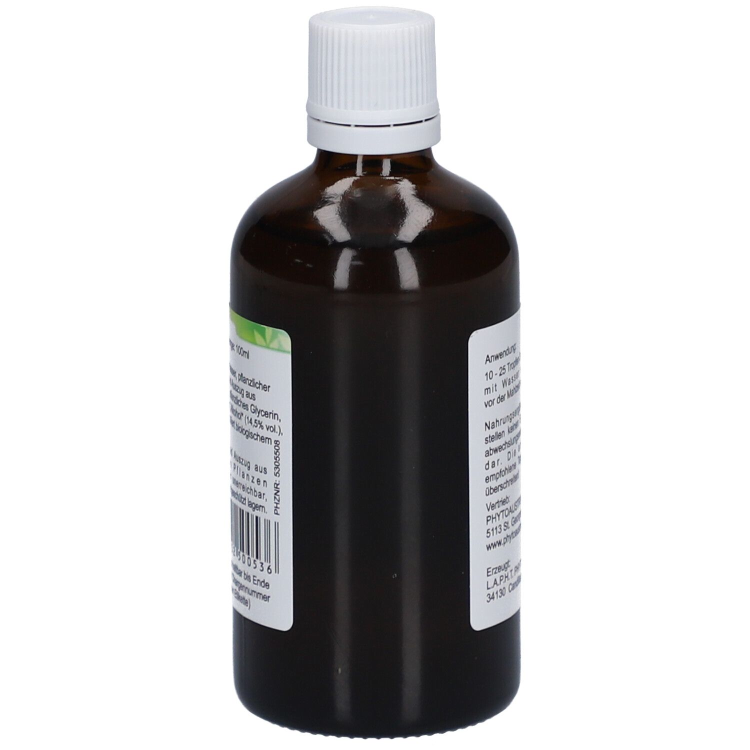Braune Glasflasche mit weißem Deckel. Etikett mit Produktinformationen. Aufschrift: PhytoAustria. Barcode.