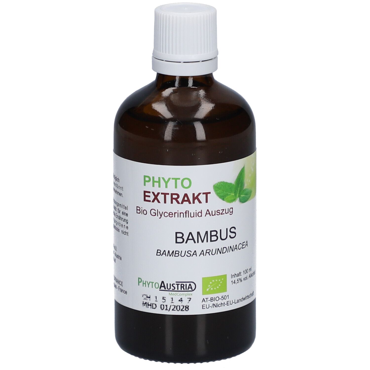 Braune Glasflasche mit weißem Deckel. Etikett mit Produktinformationen und Logo. Aufschrift: PhytoAustria Bambus.