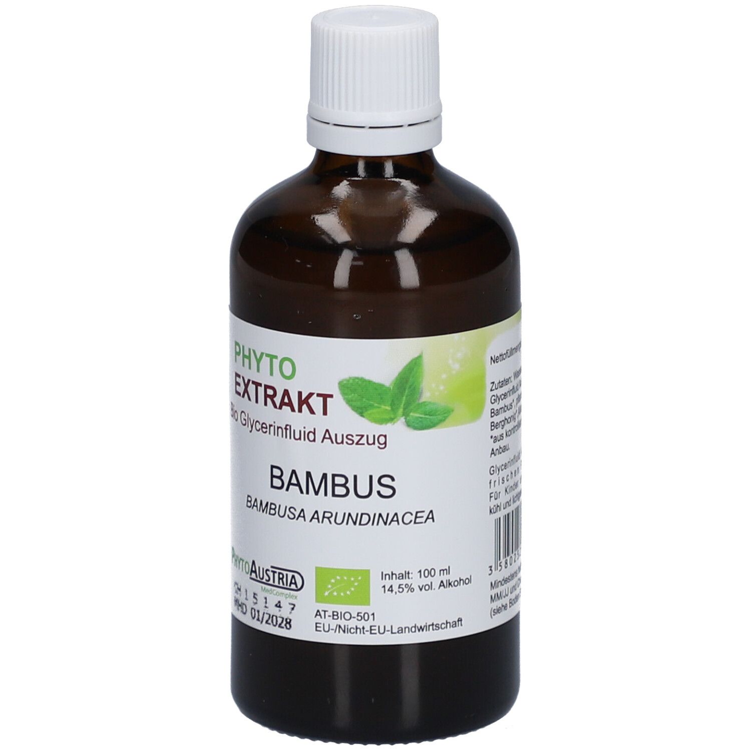 Braune Glasflasche mit weißem Deckel. Etikett mit Produktinformationen und Logo. Aufschrift: PhytoAustria Bambus.