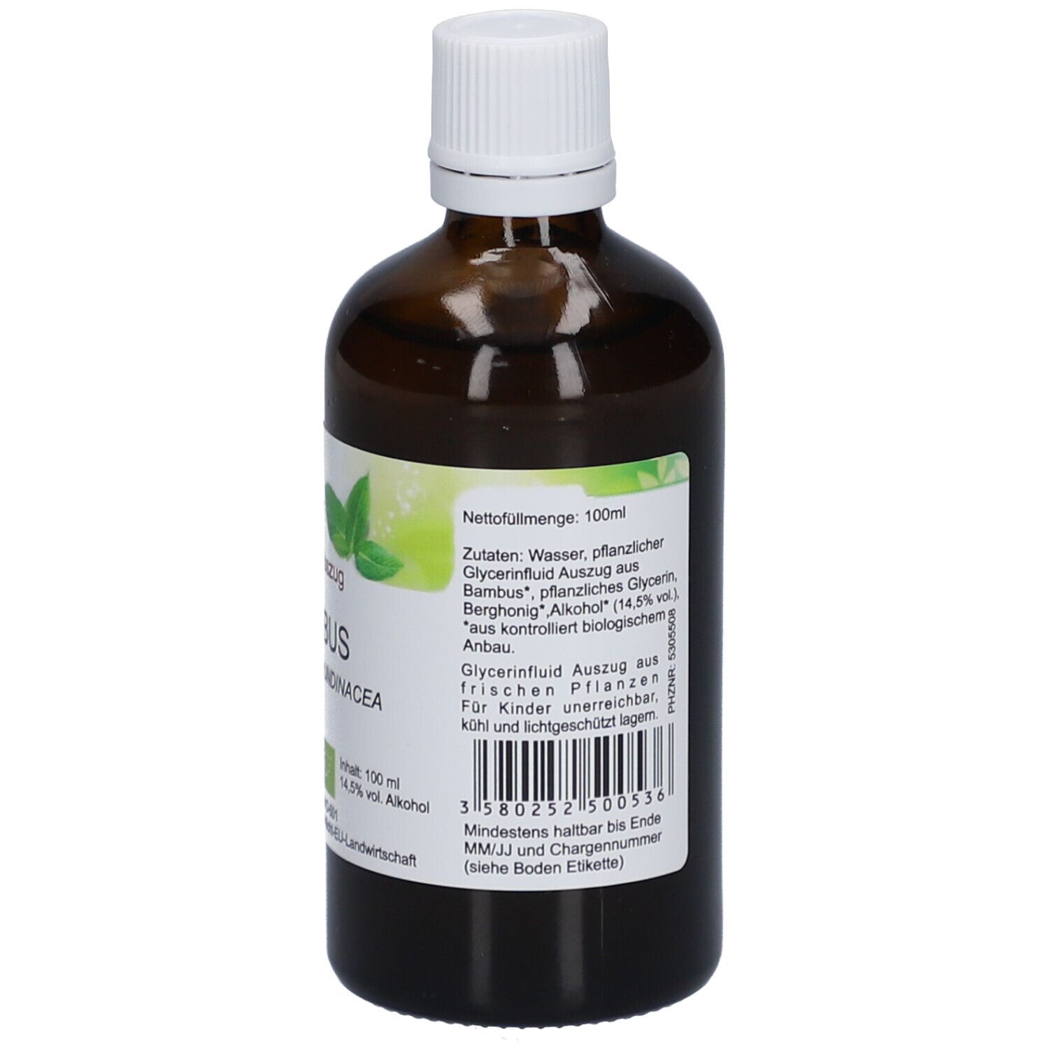 Braune Glasflasche mit weißem Deckel. Etikett mit Produktinformationen. Aufschrift: PhytoAustria. Zutatenliste.