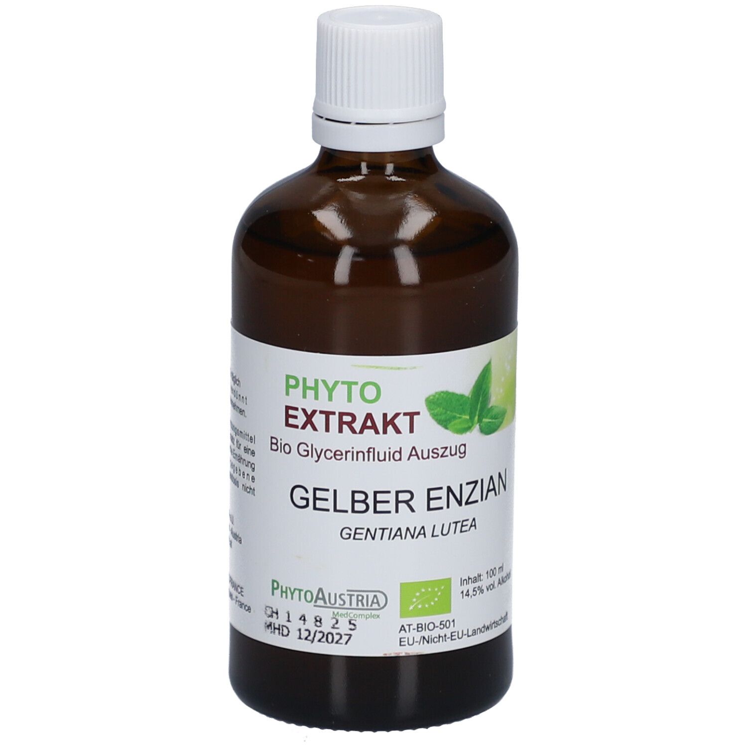 Braune Glasflasche mit weißem Deckel und Etikett. Aufschrift: Gelber Enzian, Bio Glycerinfluid Auszug. PhytoAustria Logo.