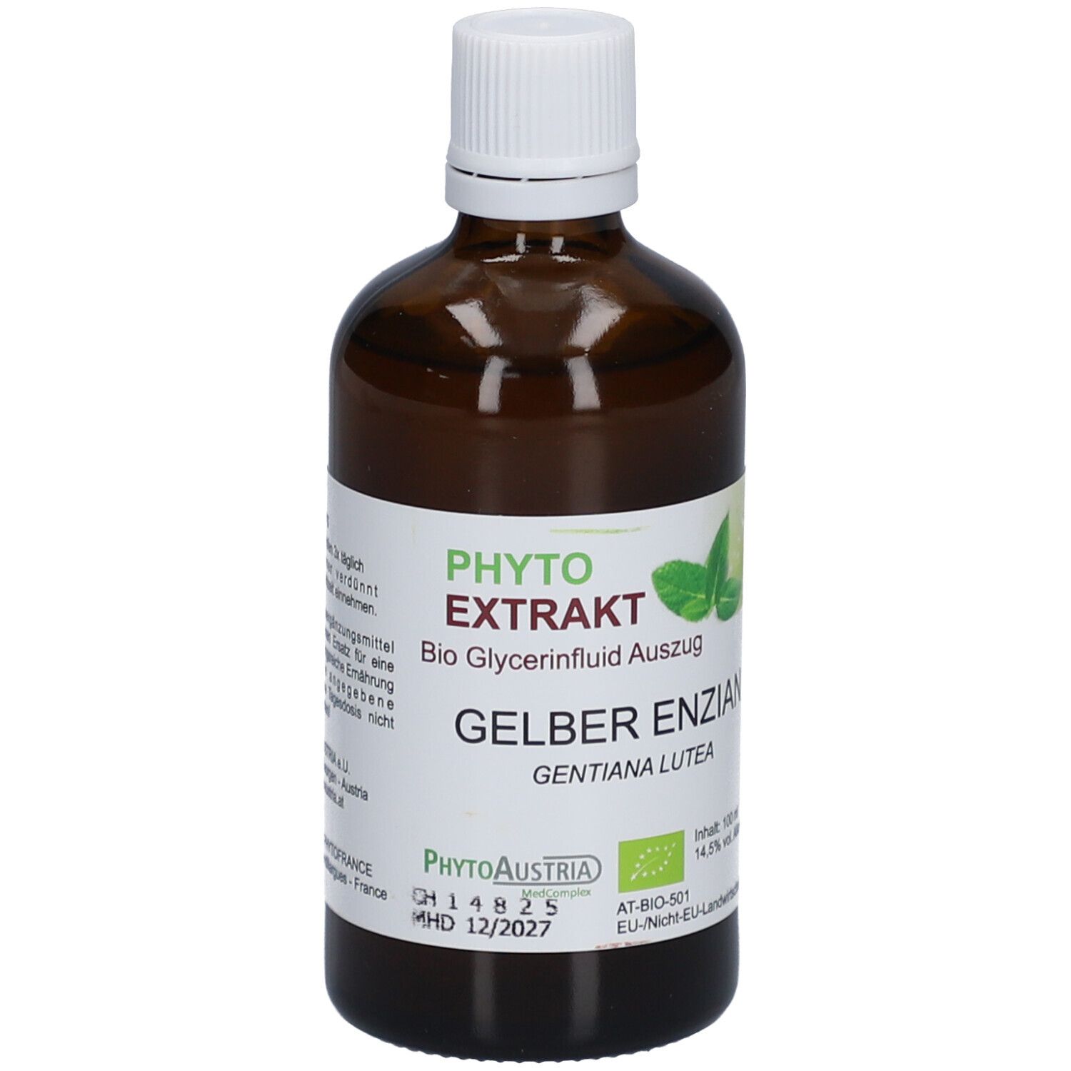 Braune Glasflasche mit weißem Deckel und Etikett. Aufschrift: Gelber Enzian, Bio Glycerinfluid Auszug. PhytoAustria Logo. Bio-Siegel.