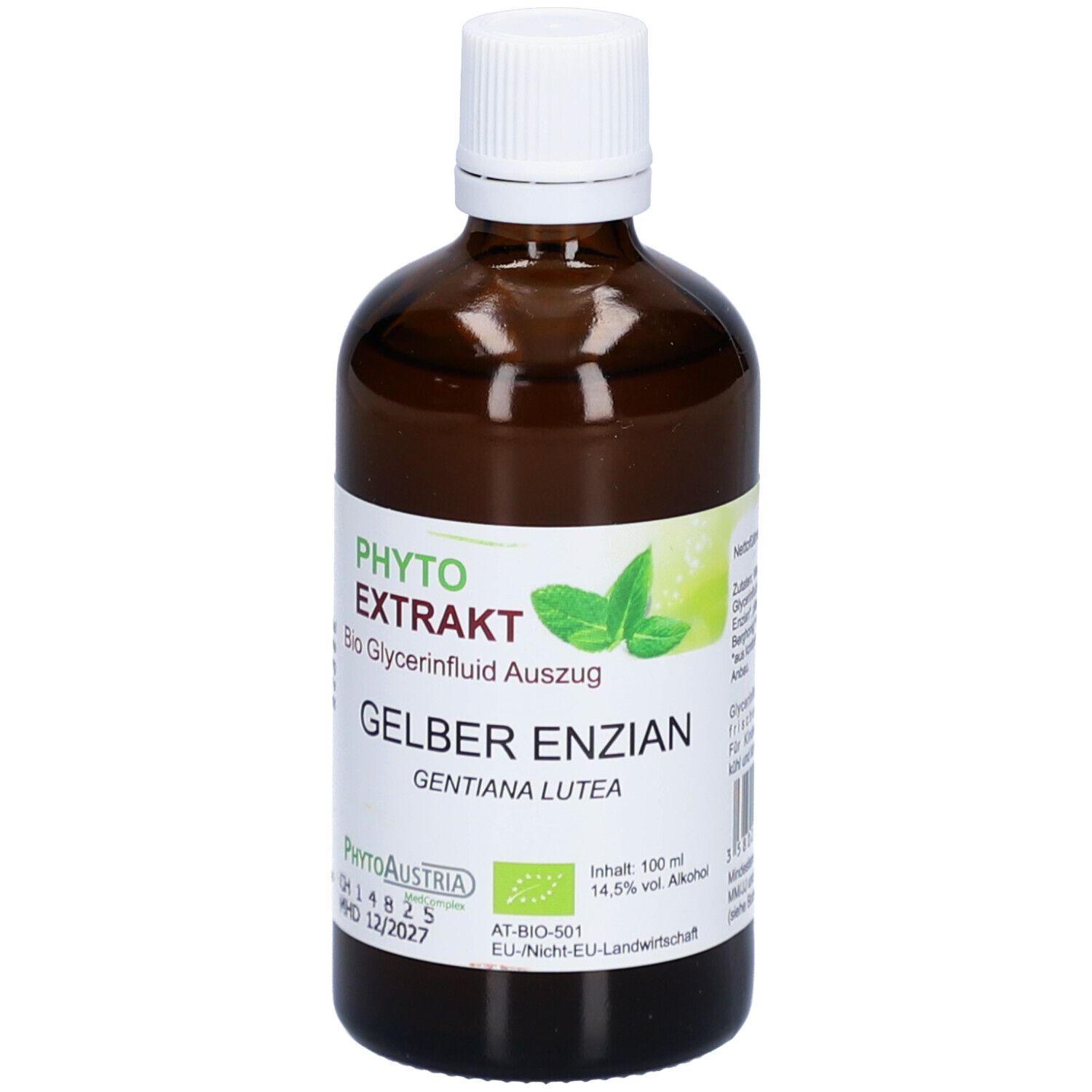Braune Glasflasche mit weißem Deckel und Etikett. Aufschrift: Gelber Enzian, Bio Glycerinfluid Auszug. PhytoAustria Logo. Bio-Siegel.