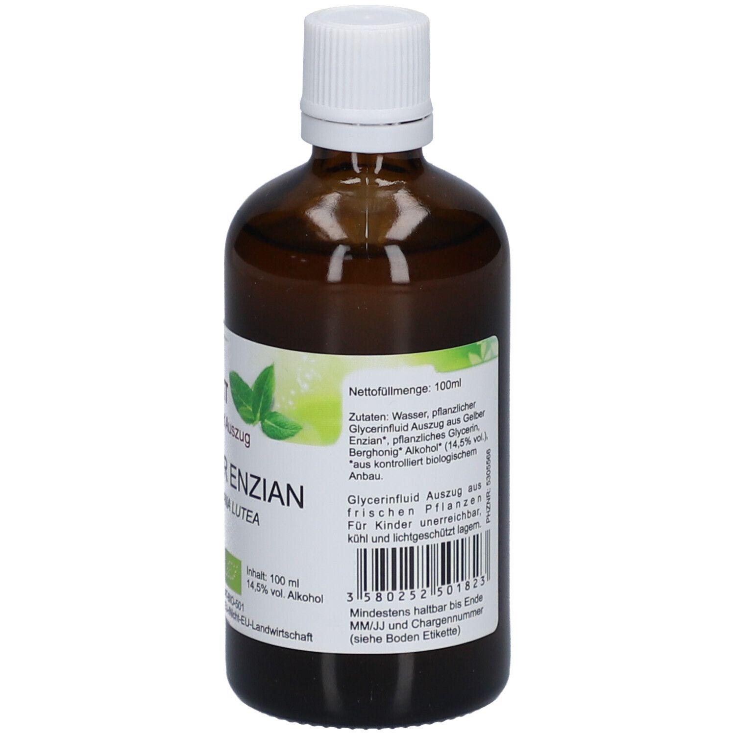 Braune Glasflasche mit weißem Deckel und Etikett. Aufschrift: Gelber Enzian, Bio Glycerinfluid Auszug. PhytoAustria Logo. Bio-Siegel.