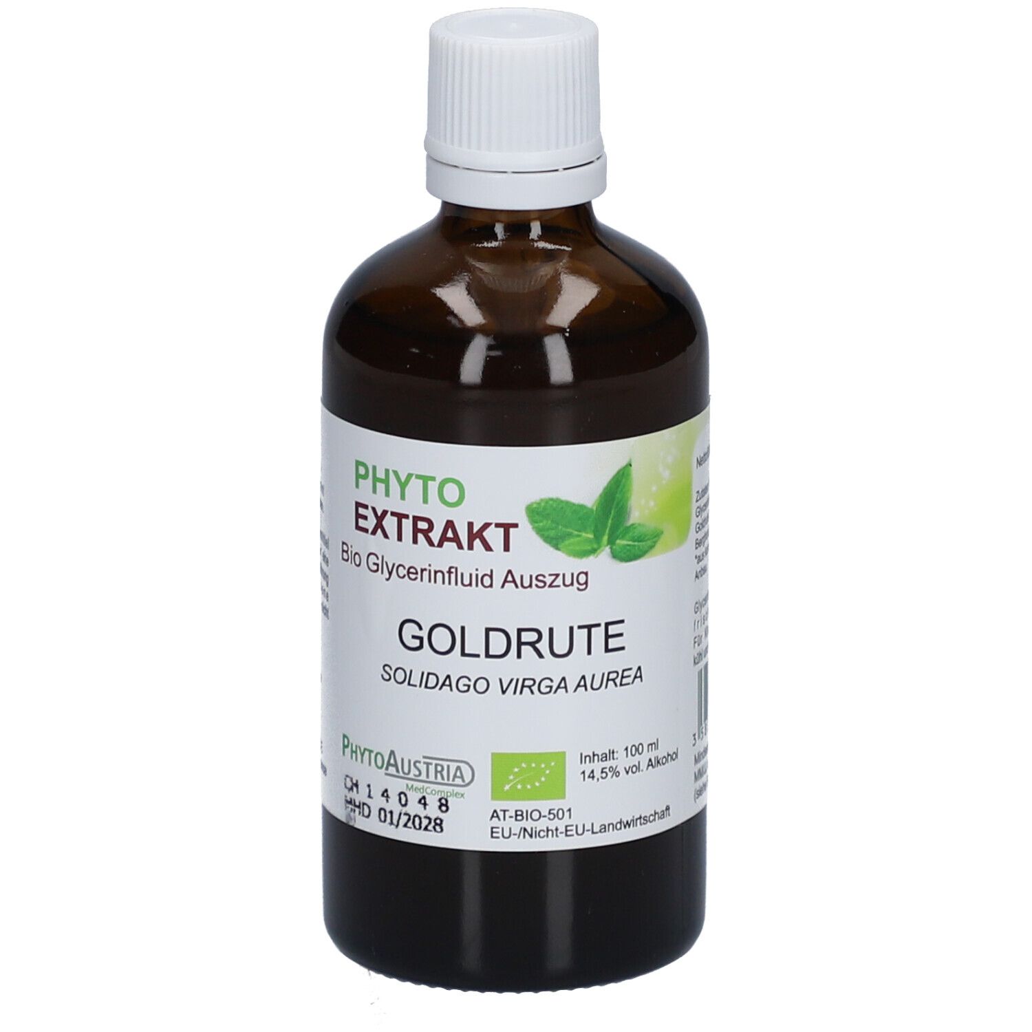 Braune Glasflasche mit weißem Deckel. Etikett mit Produktnamen, Logo und Inhaltsangaben. Bio-Siegel.