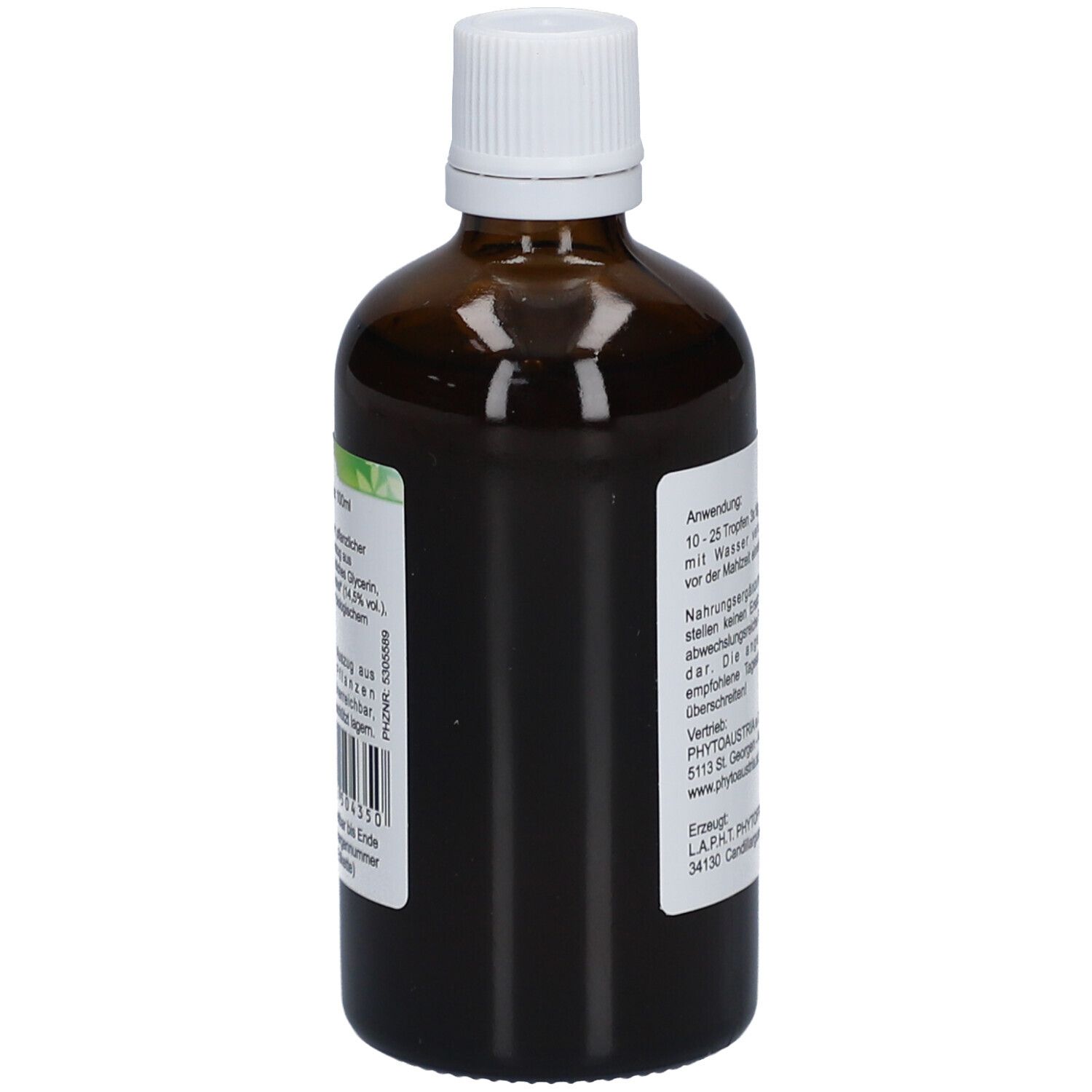 Braune Glasflasche mit weißem Deckel. Etikett mit Produktinformationen. Seitenansicht.