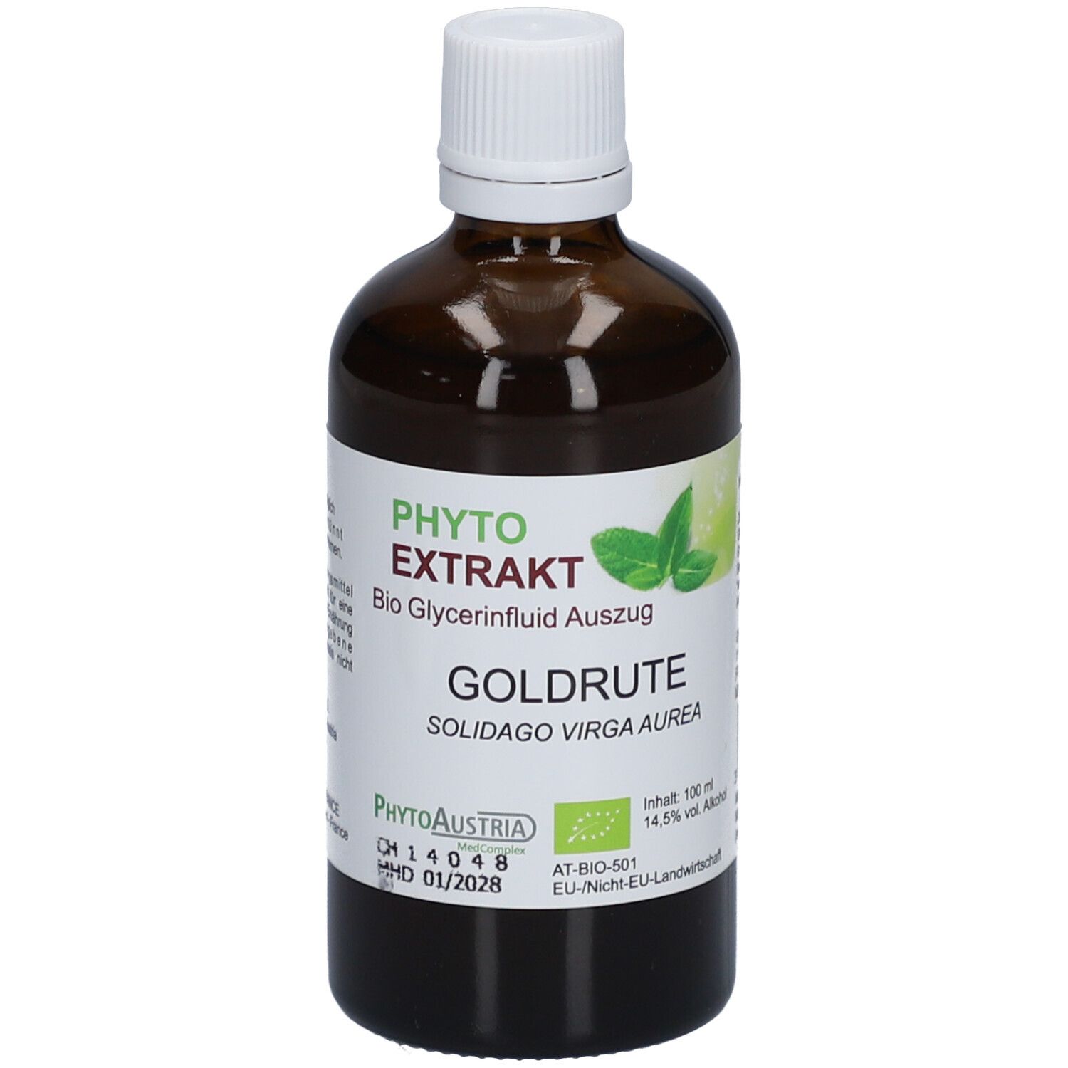 Braune Glasflasche mit weißem Deckel. Etikett mit Produktnamen, Logo und Inhaltsangaben. Bio-Siegel.