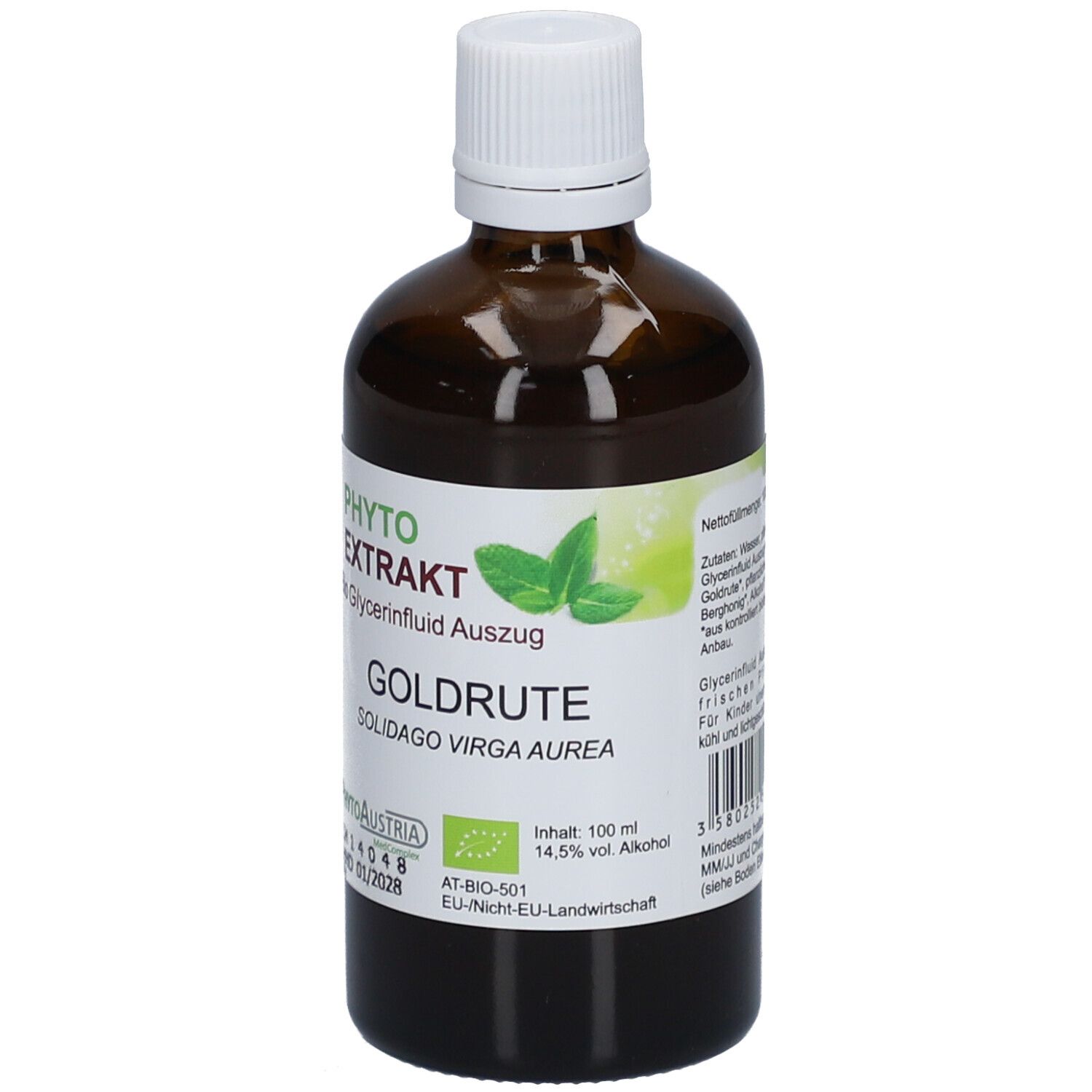 Braune Glasflasche mit weißem Deckel. Etikett mit Produktnamen, Logo und Inhaltsangaben. Bio-Siegel.