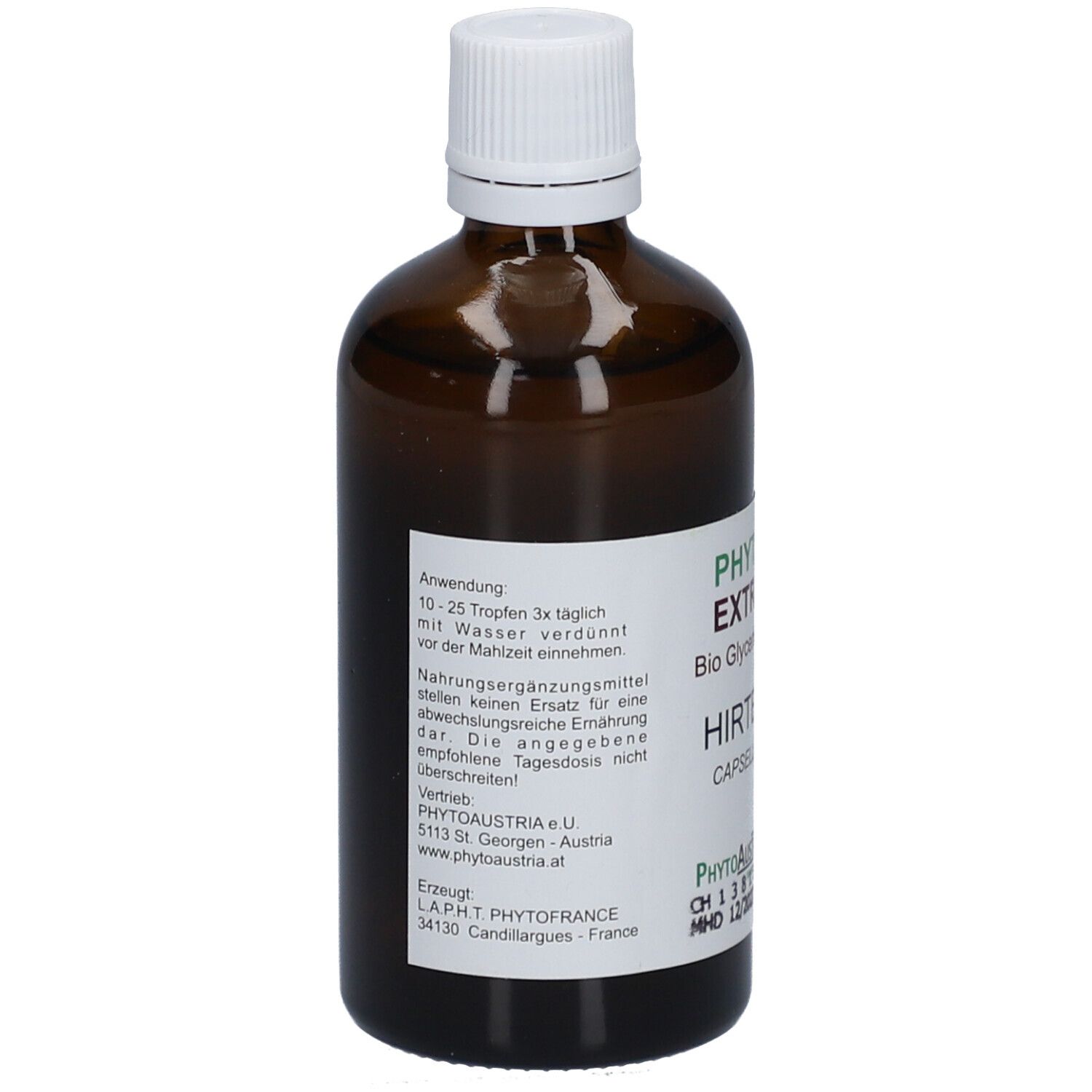Braune Glasflasche mit weißem Deckel. Rückseite mit Text und Herstellerinformationen. Bio-Zertifizierung.