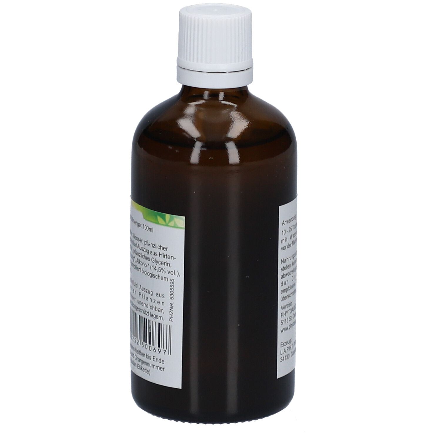 Braune Glasflasche mit weißem Deckel. Rückseite mit Text und Barcode. Bio-Zertifizierung.