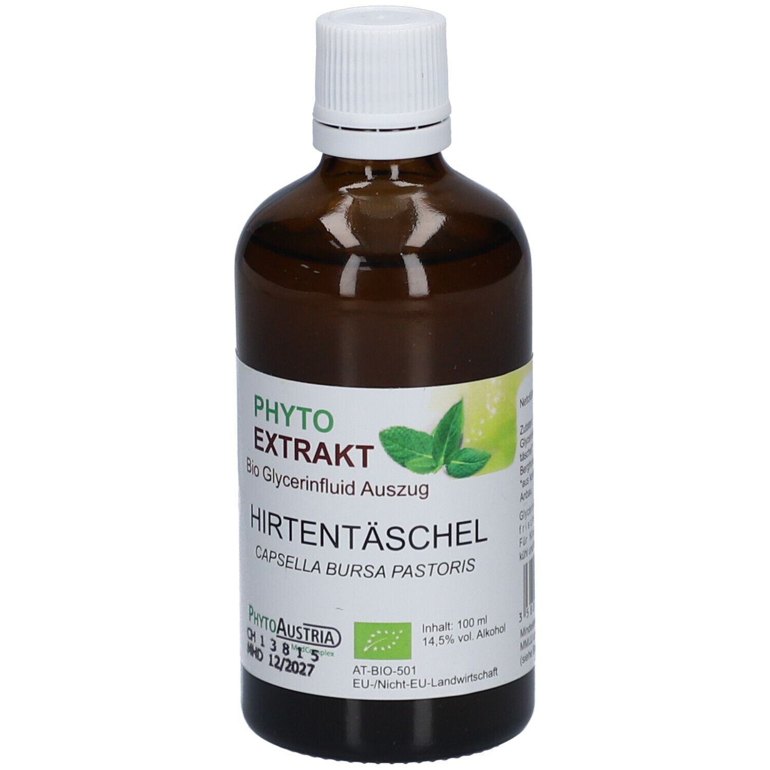Braune Glasflasche mit weißem Deckel. Etikett mit Produktnamen und Logo. Bio-Zertifizierung.