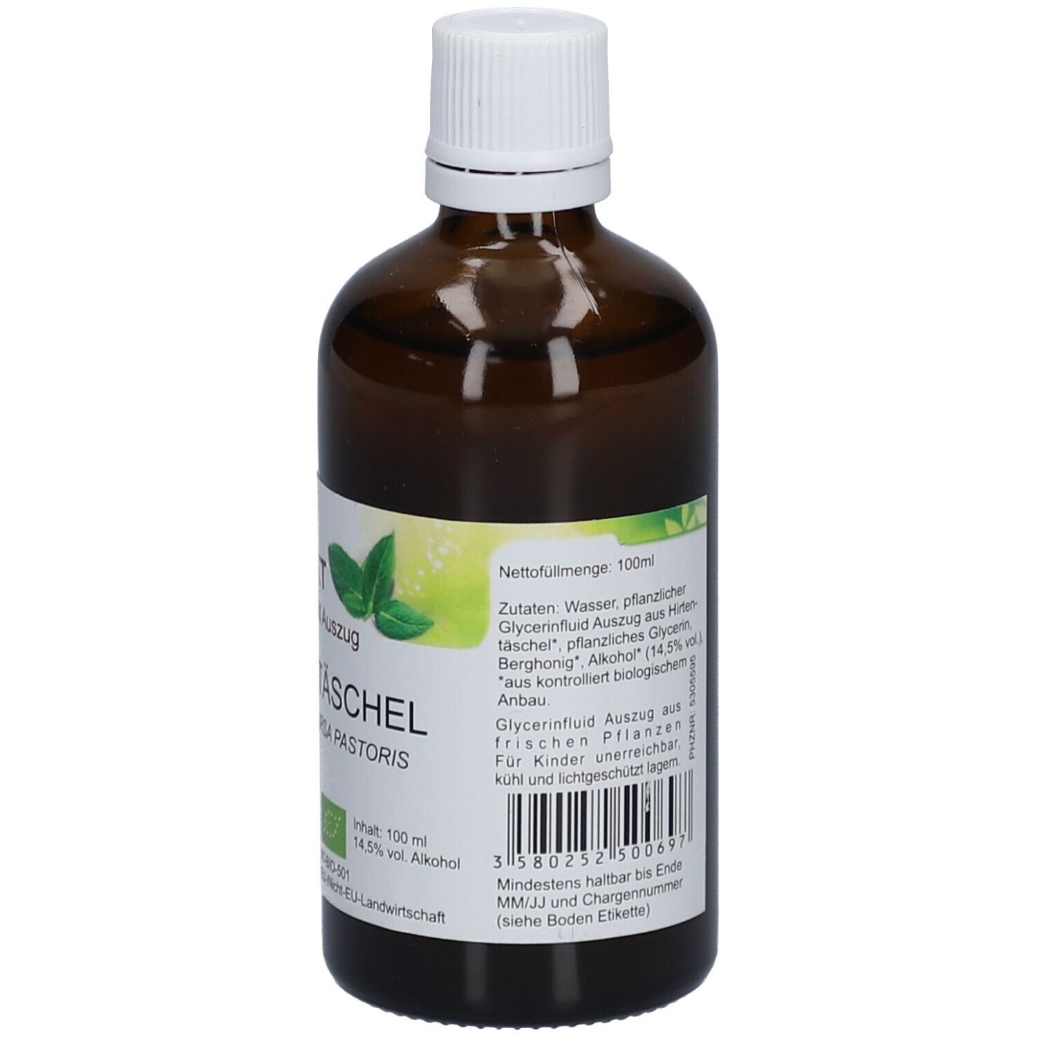 Braune Glasflasche mit weißem Deckel. Etikett mit Produktnamen und Logo. Bio-Zertifizierung.