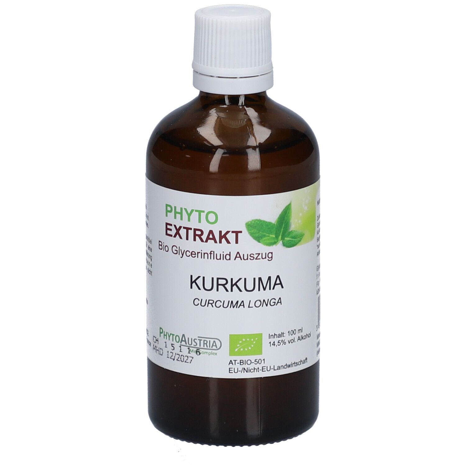 Braune Glasflasche mit weißem Deckel. Etikett mit Produktnamen, Logo und Zertifizierung. Enthält Kurkuma.