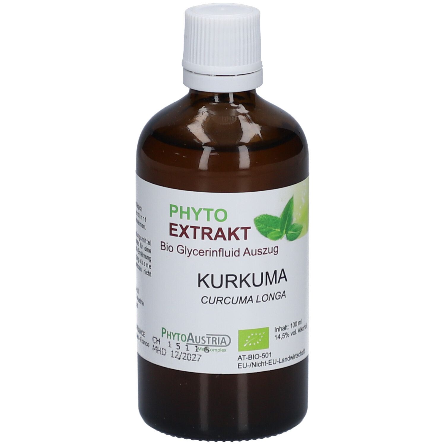 Braune Glasflasche mit weißem Deckel. Etikett mit Produktnamen, Logo und Zertifizierung. Enthält Kurkuma.