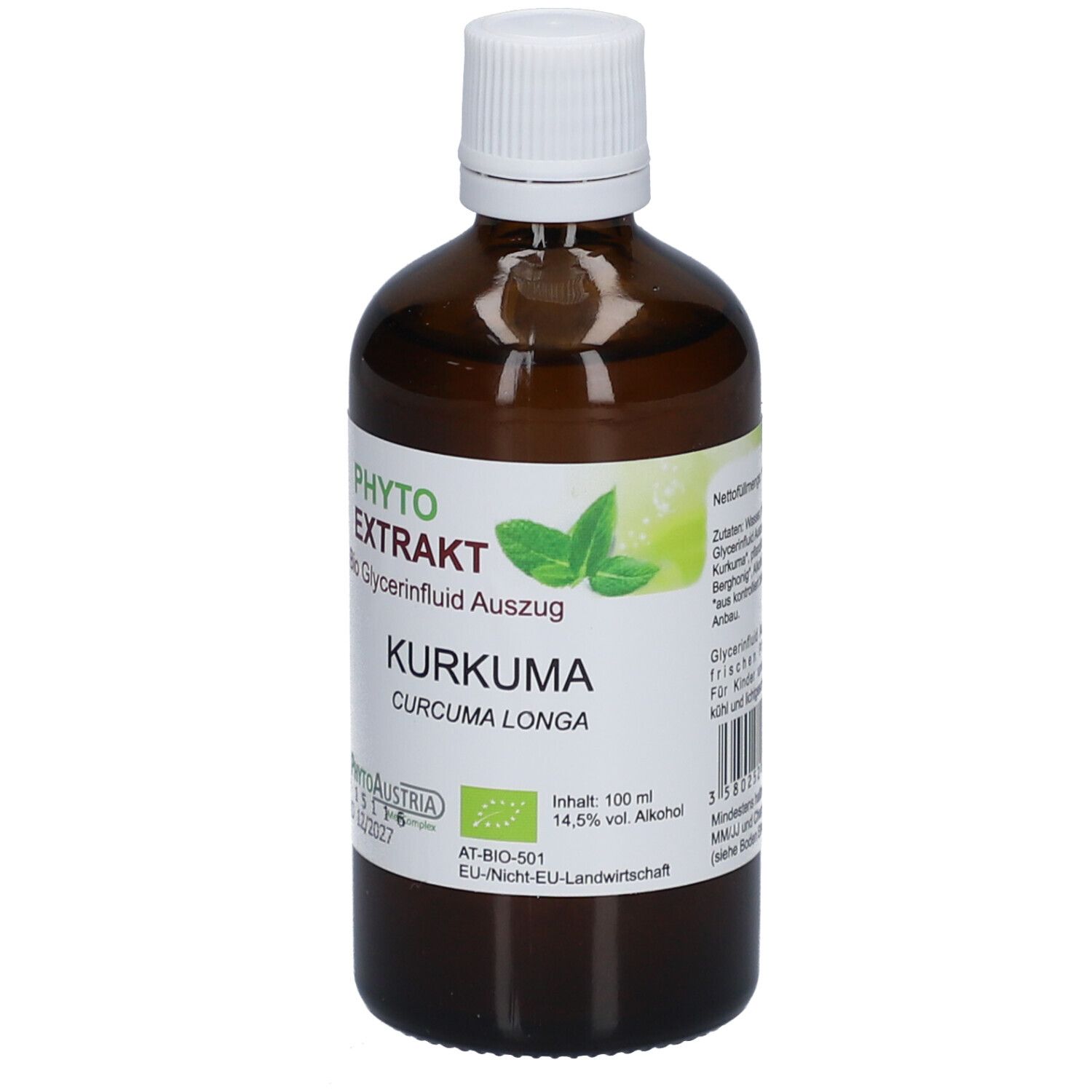 Braune Glasflasche mit weißem Deckel. Etikett mit Produktnamen, Logo und Zertifizierung. Enthält Kurkuma.