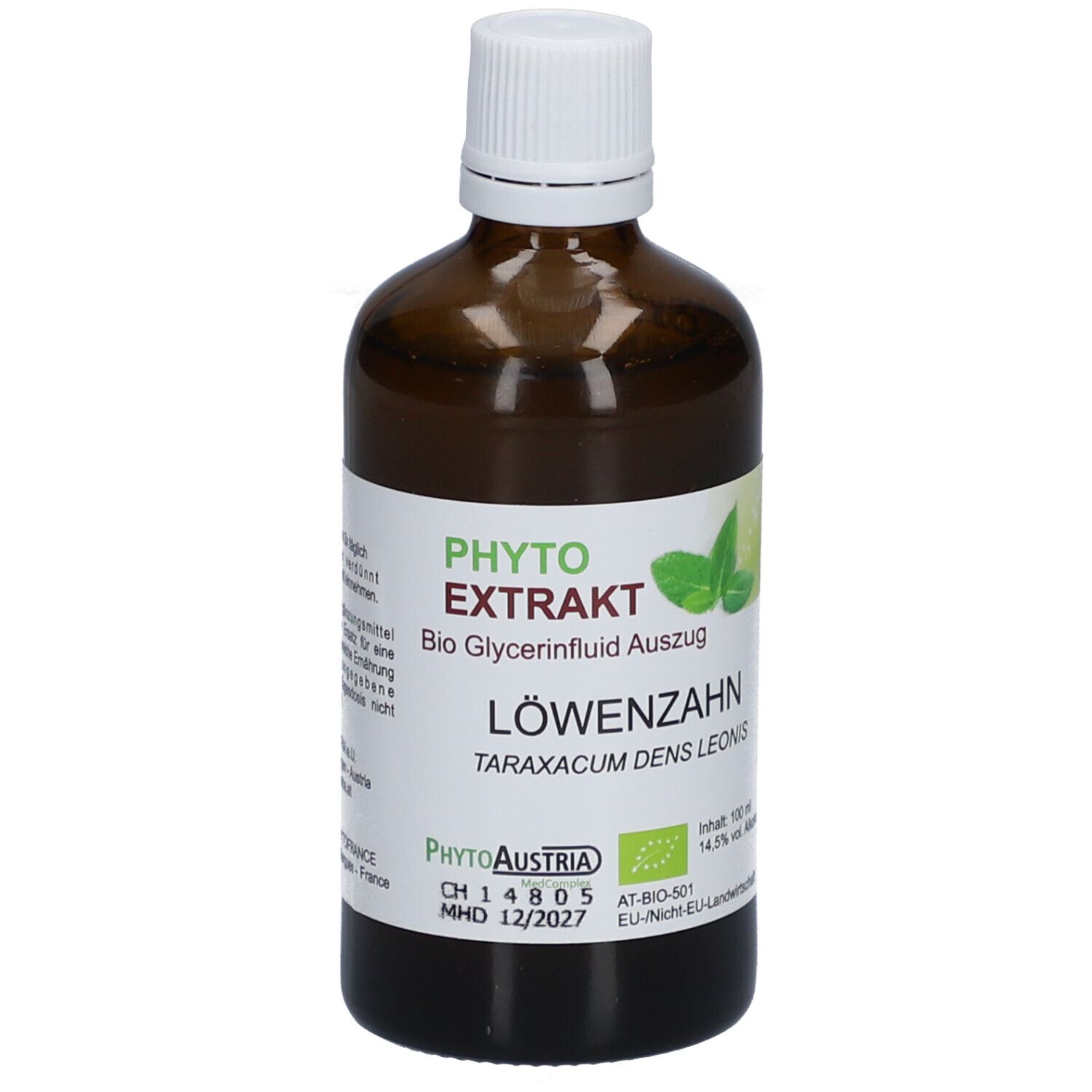 Braune Glasflasche mit weißem Deckel. Etikett mit Text: Phyto Extrakt, Löwenzahn, Bio Glycerinfluid Auszug. PhytoAustria Logo.