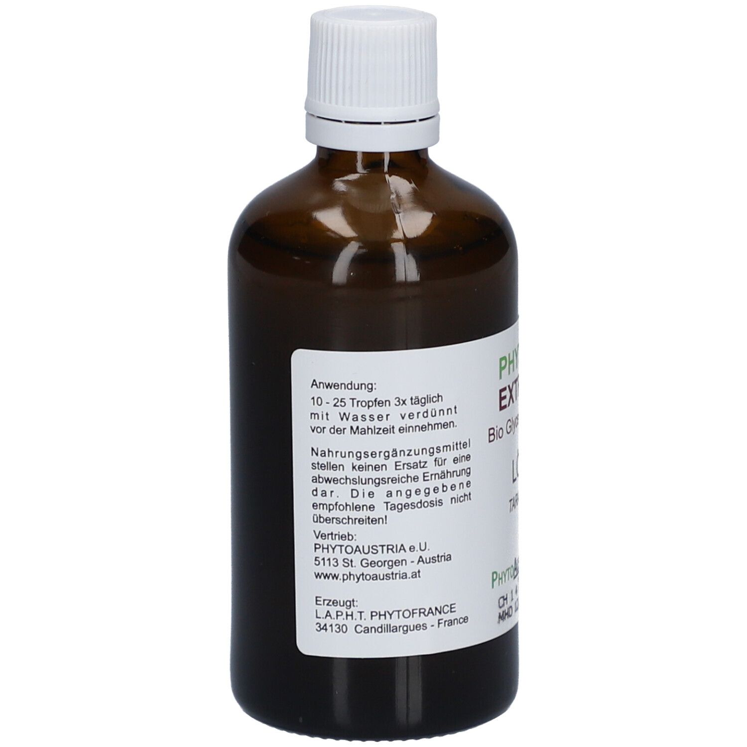 Braune Glasflasche mit weißem Deckel. Rückseite mit Text: Anwendung, Nährwertangaben, Vertrieb, Erzeuger. PhytoAustria Logo und Bio-Siegel.