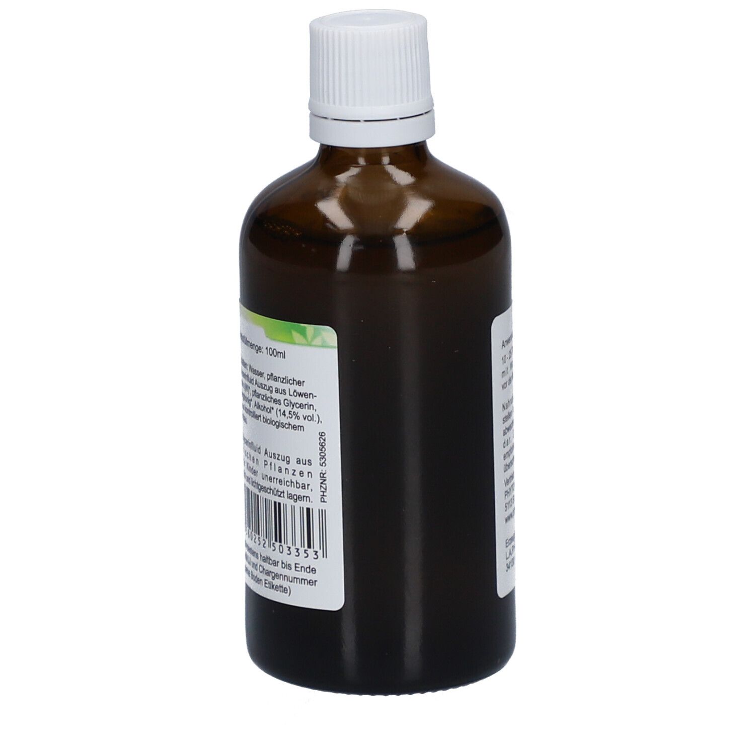Braune Glasflasche mit weißem Deckel. Seitenansicht mit Text: Inhalt 100ml, Zutaten, Mindesthaltbarkeit. Barcode und Bio-Siegel.