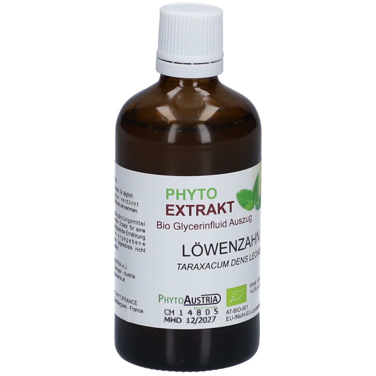 Braune Glasflasche mit weißem Deckel. Etikett mit Text: Phyto Extrakt, Löwenzahn, Bio Glycerinfluid Auszug. PhytoAustria Logo und Bio-Siegel.