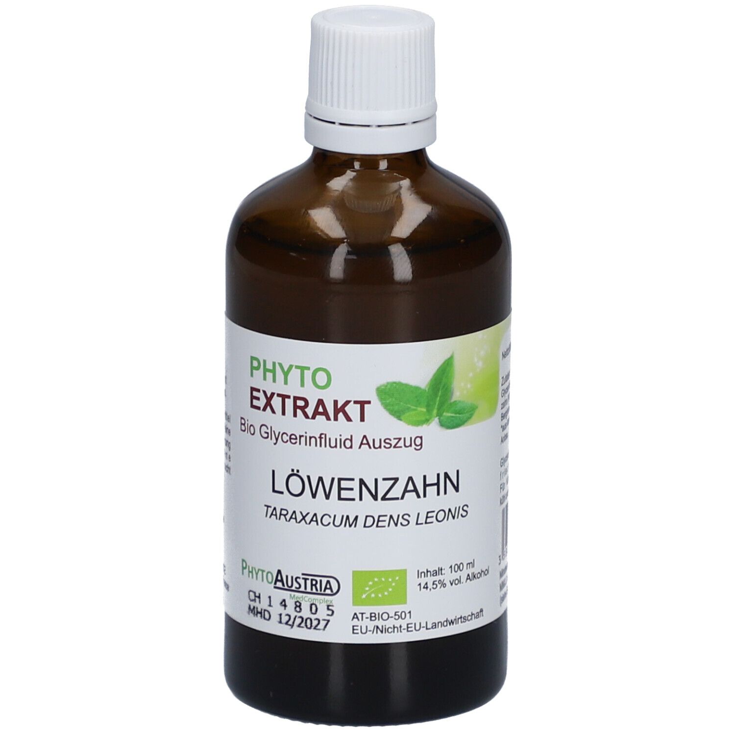 Braune Glasflasche mit weißem Deckel. Etikett mit Text: Phyto Extrakt, Löwenzahn, Bio Glycerinfluid Auszug. Inhalt 100ml, 14,5% Vol. Alkohol.