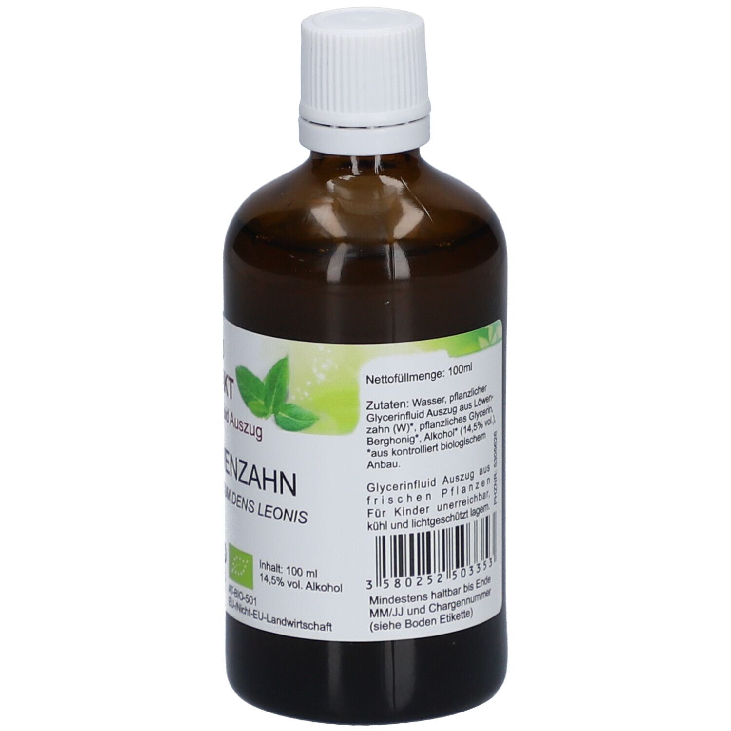 Braune Glasflasche mit weißem Deckel. Etikett mit Text: Phyto Extrakt, Löwenzahn, Bio Glycerinfluid Auszug. Inhalt 100ml, 14,5% Vol. Alkohol.