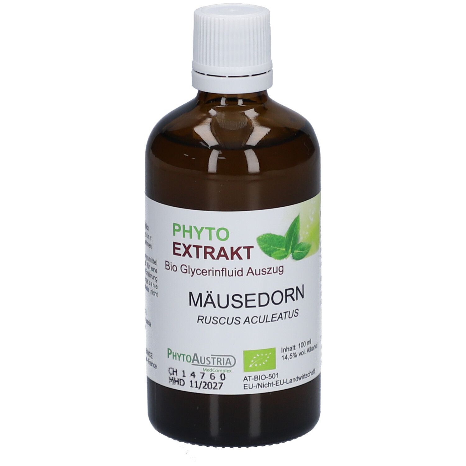Braune Glasflasche mit weißem Deckel und Etikett. Aufschrift: Mäusedorn, Phyto Extrakt, Bio Glycerinfluid Auszug.