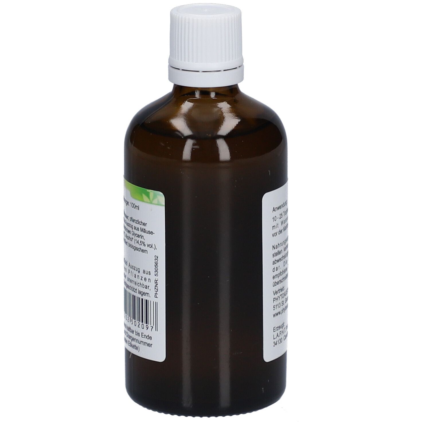 Braune Glasflasche mit weißem Deckel. Etikett mit Text und Barcode. Aufschrift: 100ml, PhytoAustria, EU-Nicht-EU-Landwirtschaft.