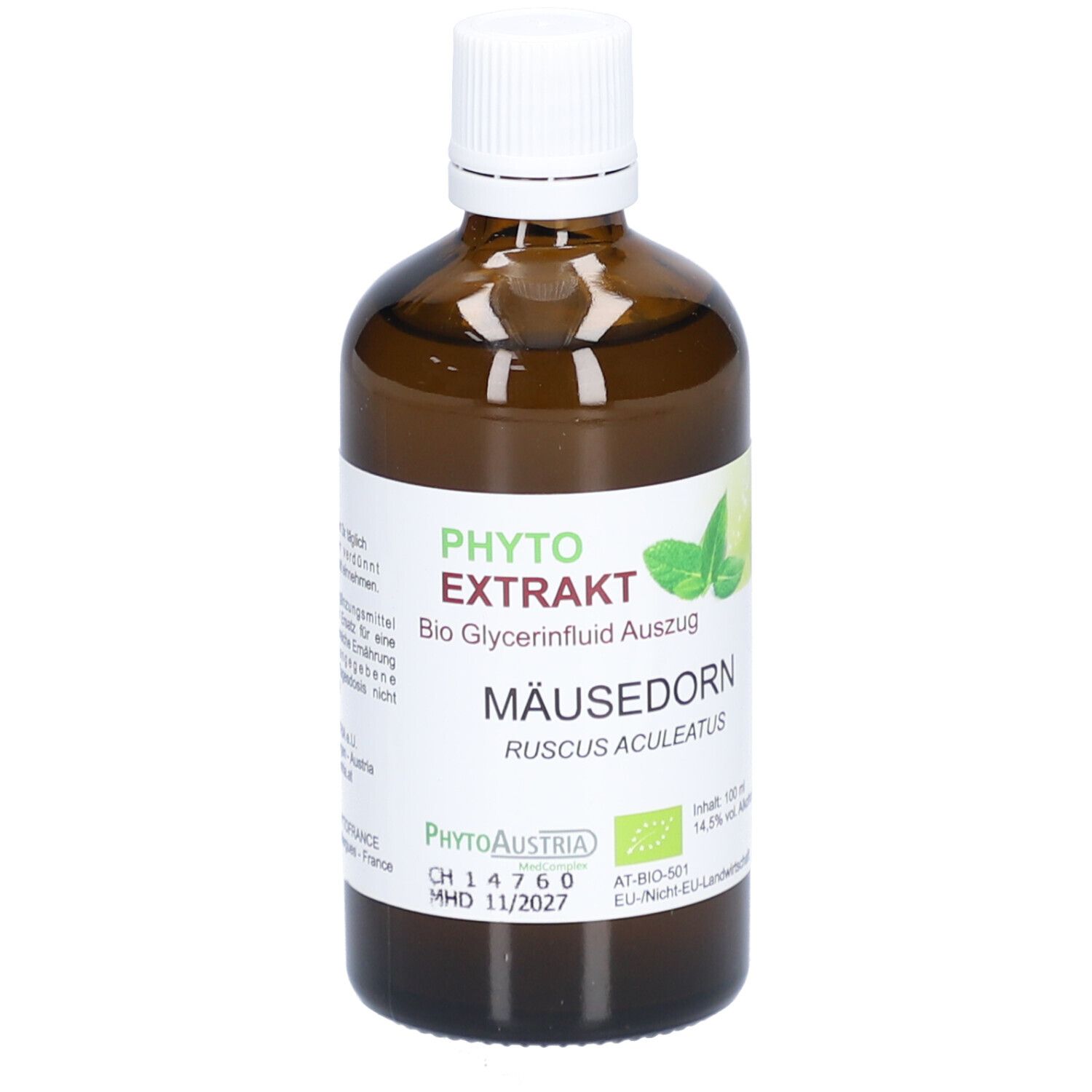Braune Glasflasche mit weißem Deckel und Etikett. Aufschrift: Mäusedorn, Phyto Extrakt, Bio Glycerinfluid Auszug.