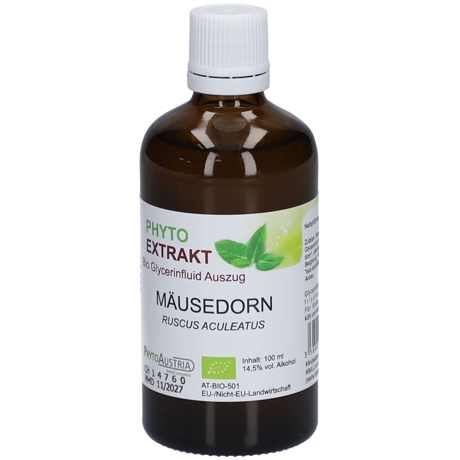 Braune Glasflasche mit weißem Deckel und Etikett. Aufschrift: Mäusedorn, Phyto Extrakt, Bio Glycerinfluid Auszug.