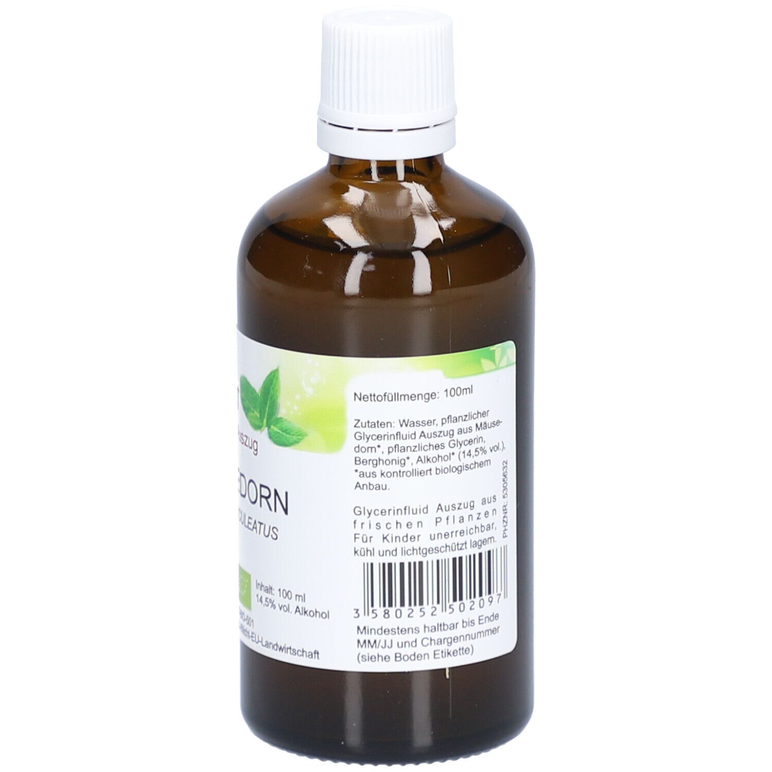 Braune Glasflasche mit weißem Deckel und Etikett. Aufschrift: Mäusedorn, Glycerinfluid Auszug, 100ml, 14.5% vol. Alkohol.