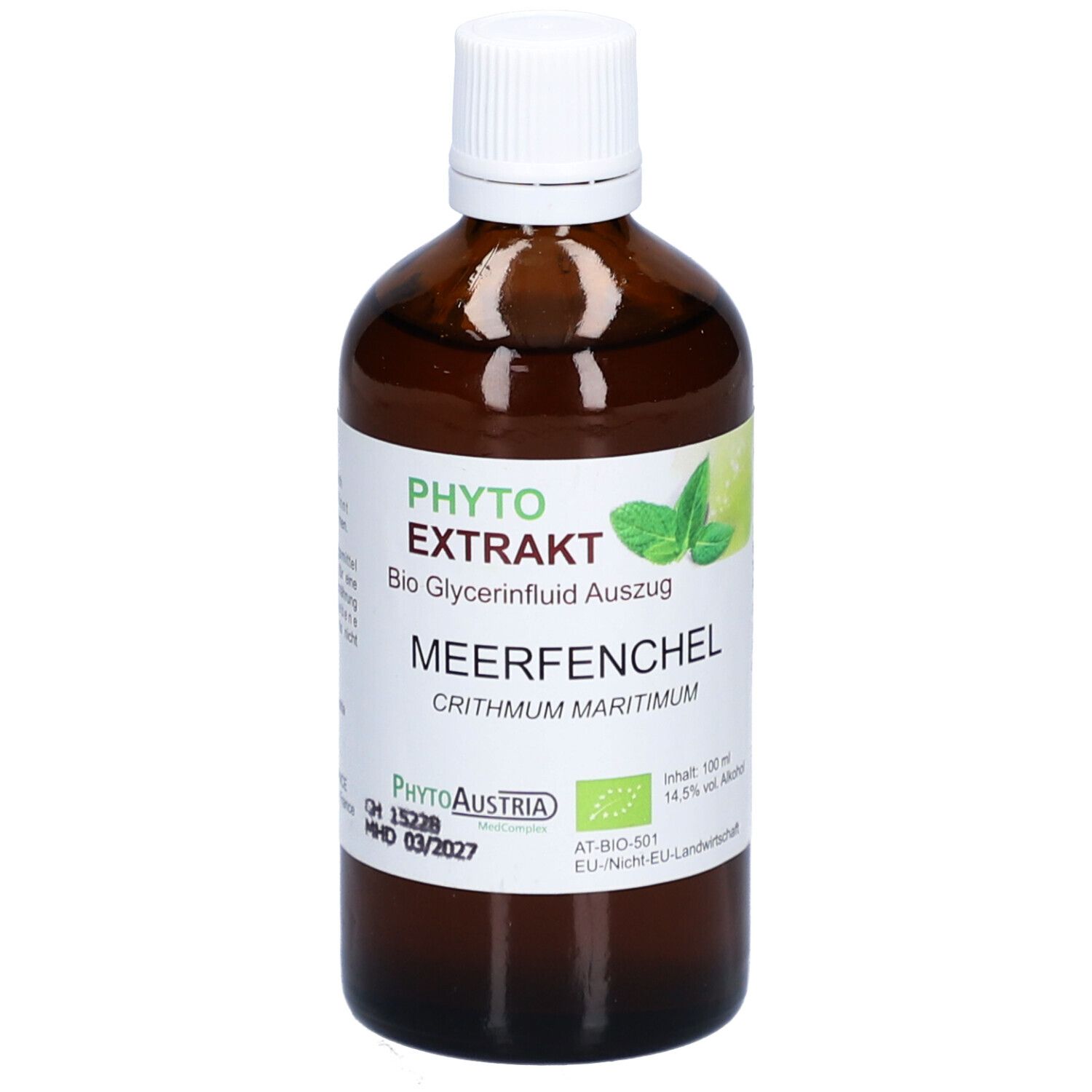 Braune Glasflasche mit weißem Deckel. Etikett mit Produktnamen, Logo und Bio-Siegel. Aufschrift: Meerfenchel.