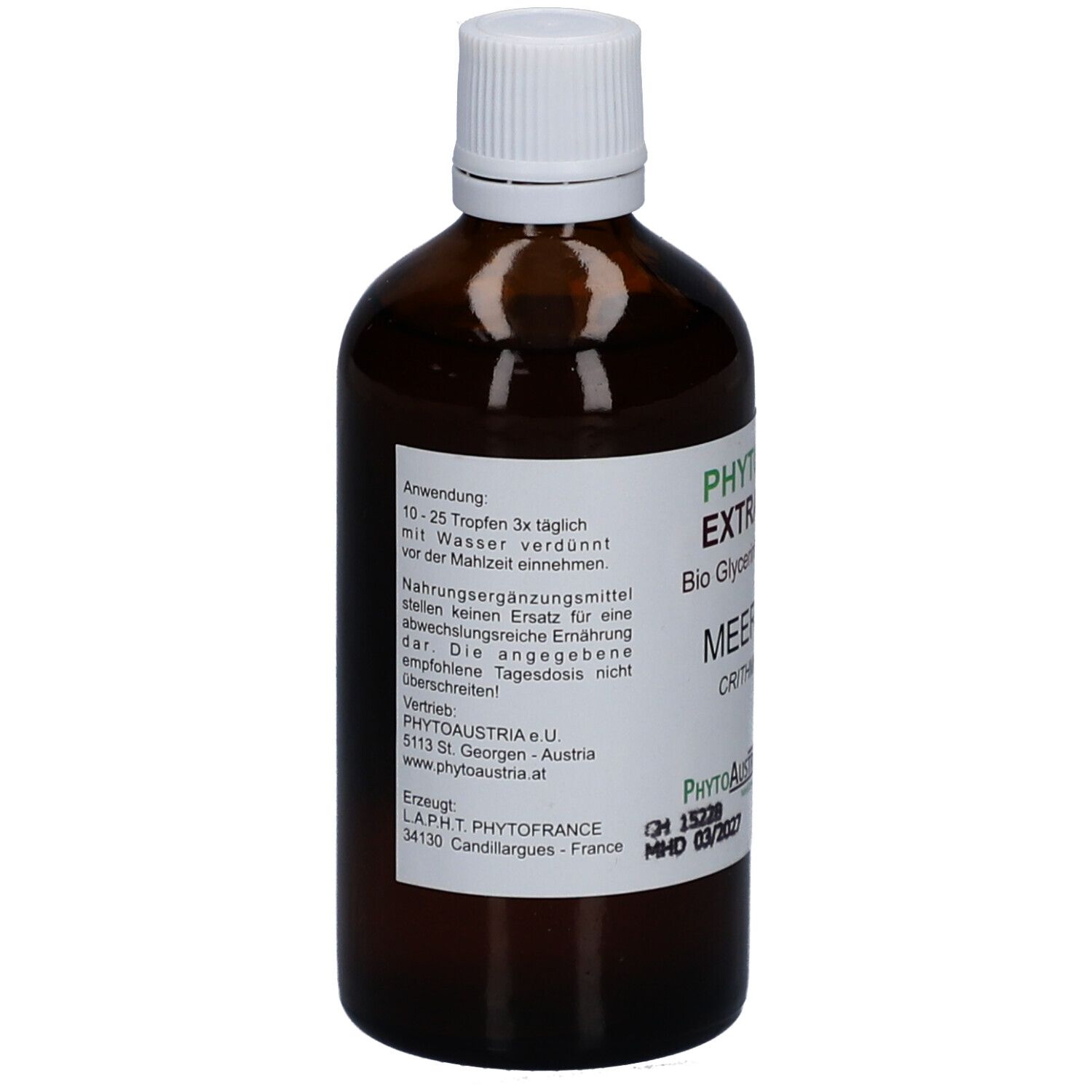 Braune Glasflasche mit weißem Deckel. Etikett mit Produktinformationen und Logo. Text: Anwendung, Inhaltsstoffe, Hersteller.