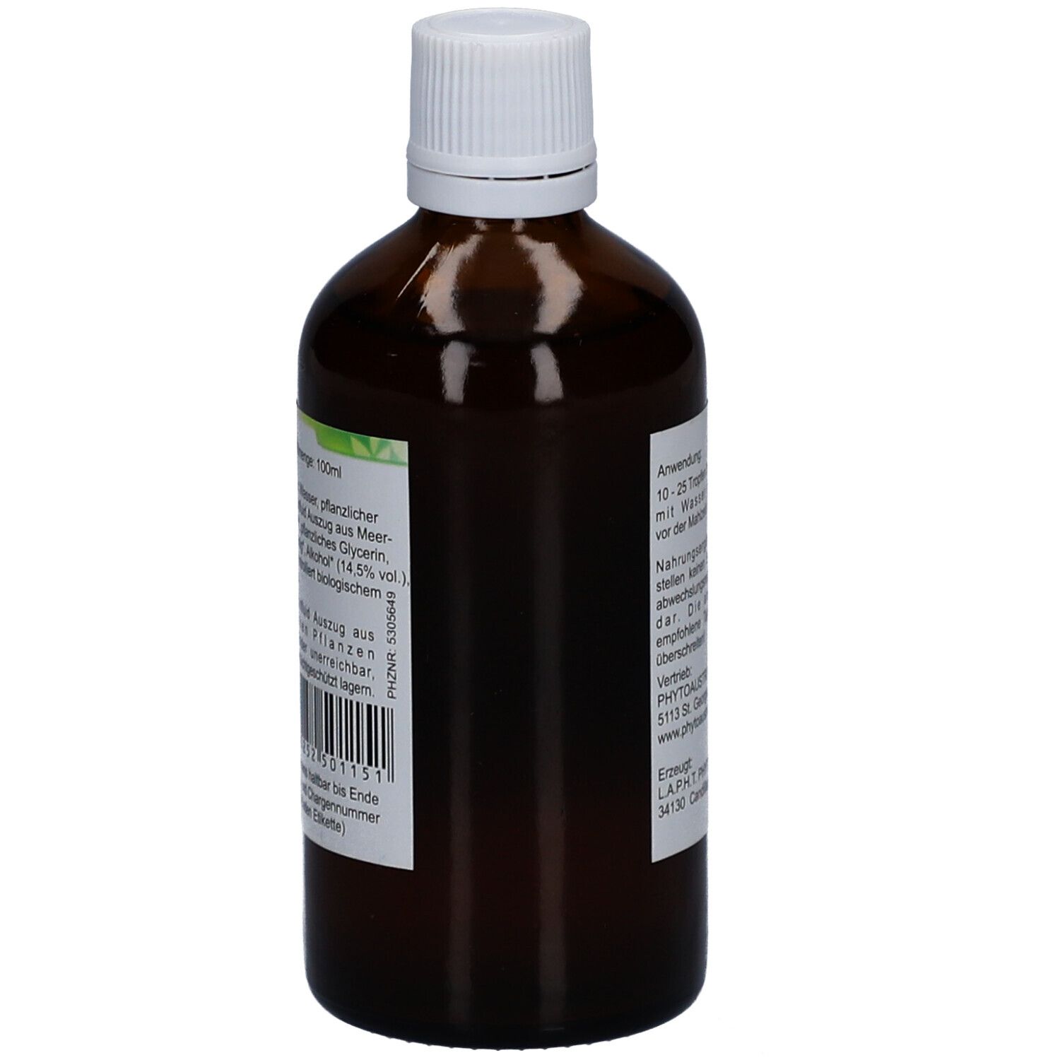Braune Glasflasche mit weißem Deckel. Etikett mit Produktinformationen und Barcode. Text: Inhaltsstoffe, Chargennummer.