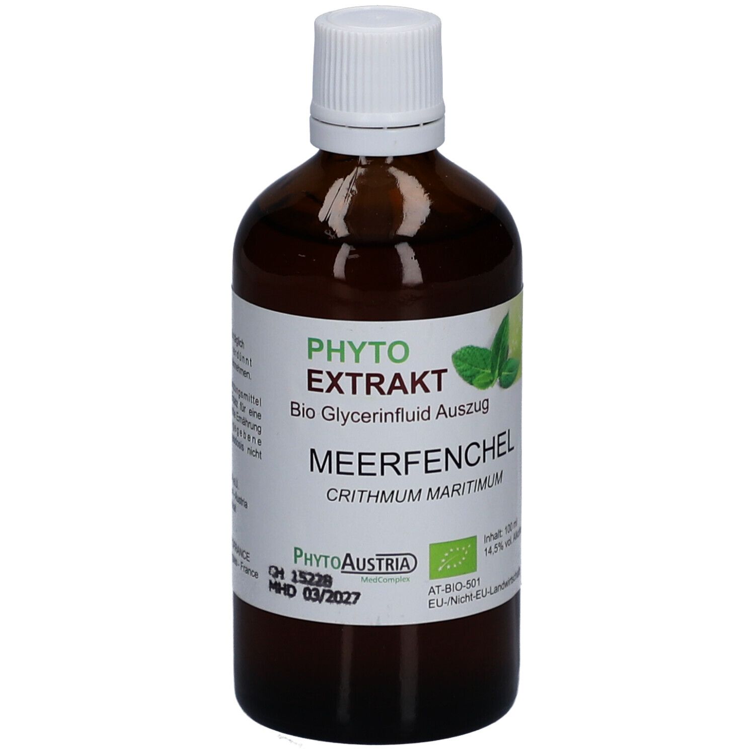 Braune Glasflasche mit weißem Deckel. Etikett mit Produktnamen, Logo und Bio-Siegel. Aufschrift: Meerfenchel.