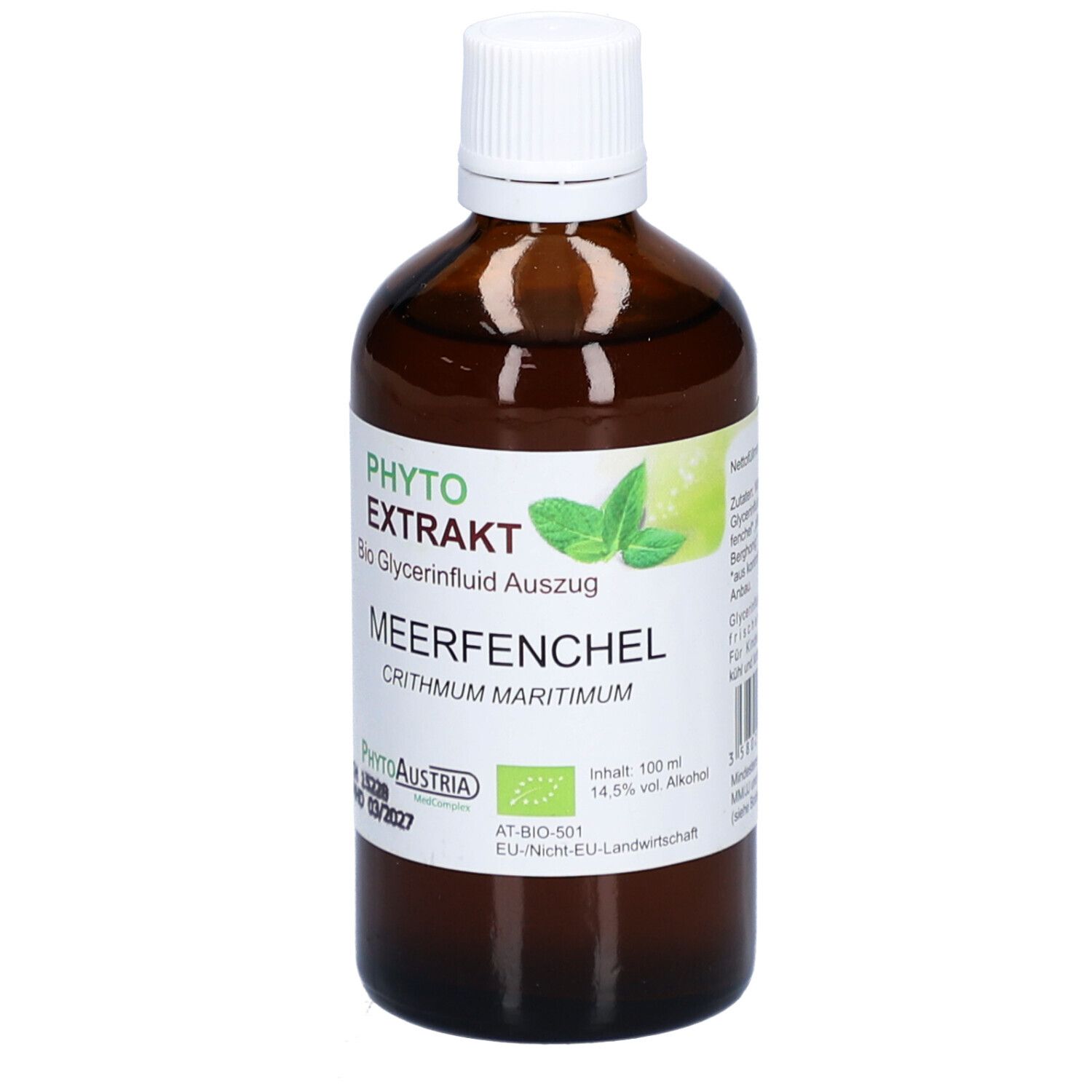 Braune Glasflasche mit weißem Deckel. Etikett mit Produktnamen, Logo und Bio-Siegel. Aufschrift: Meerfenchel.