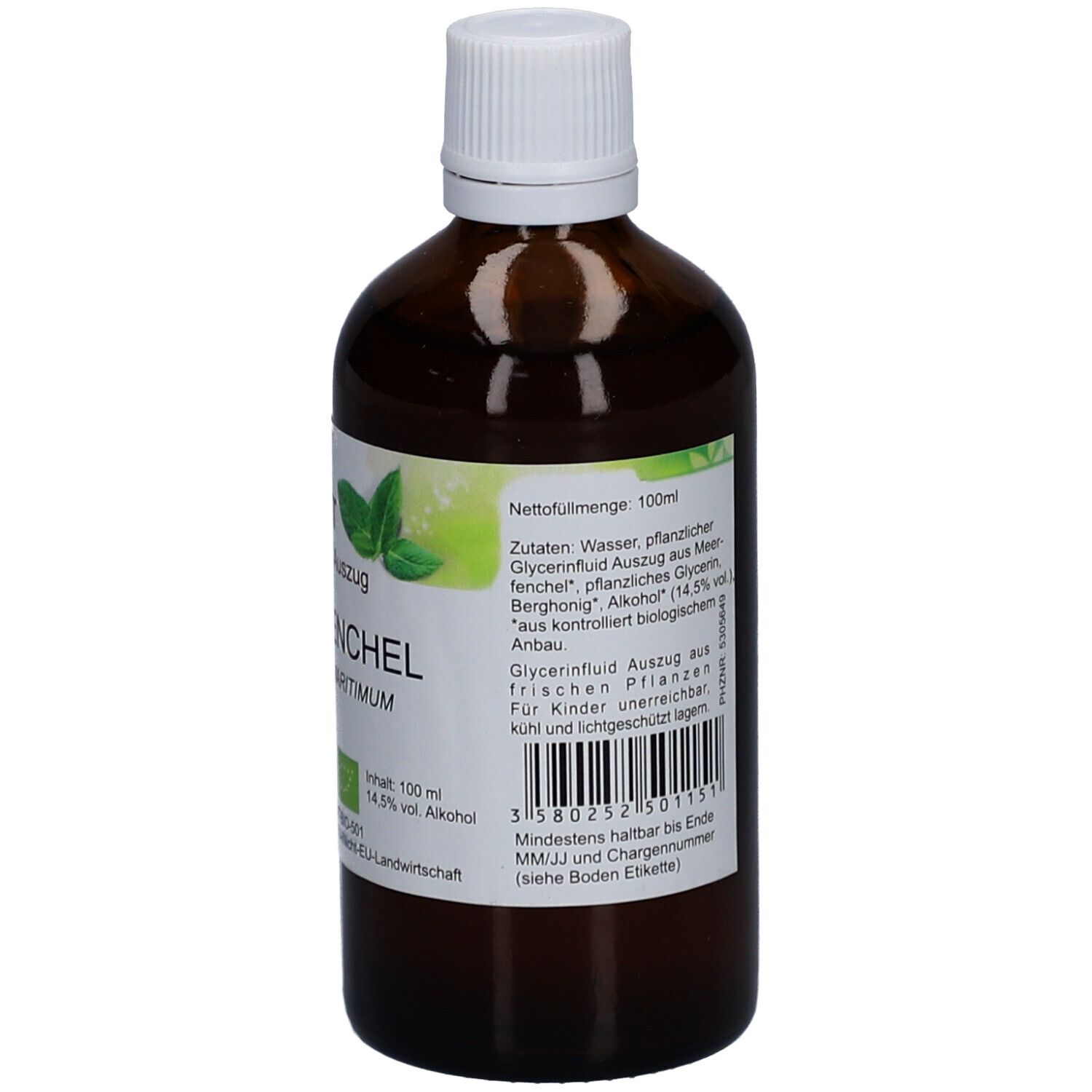 Braune Glasflasche mit weißem Deckel. Etikett mit Produktinformationen und Barcode. Text: Inhaltsstoffe, Chargennummer.