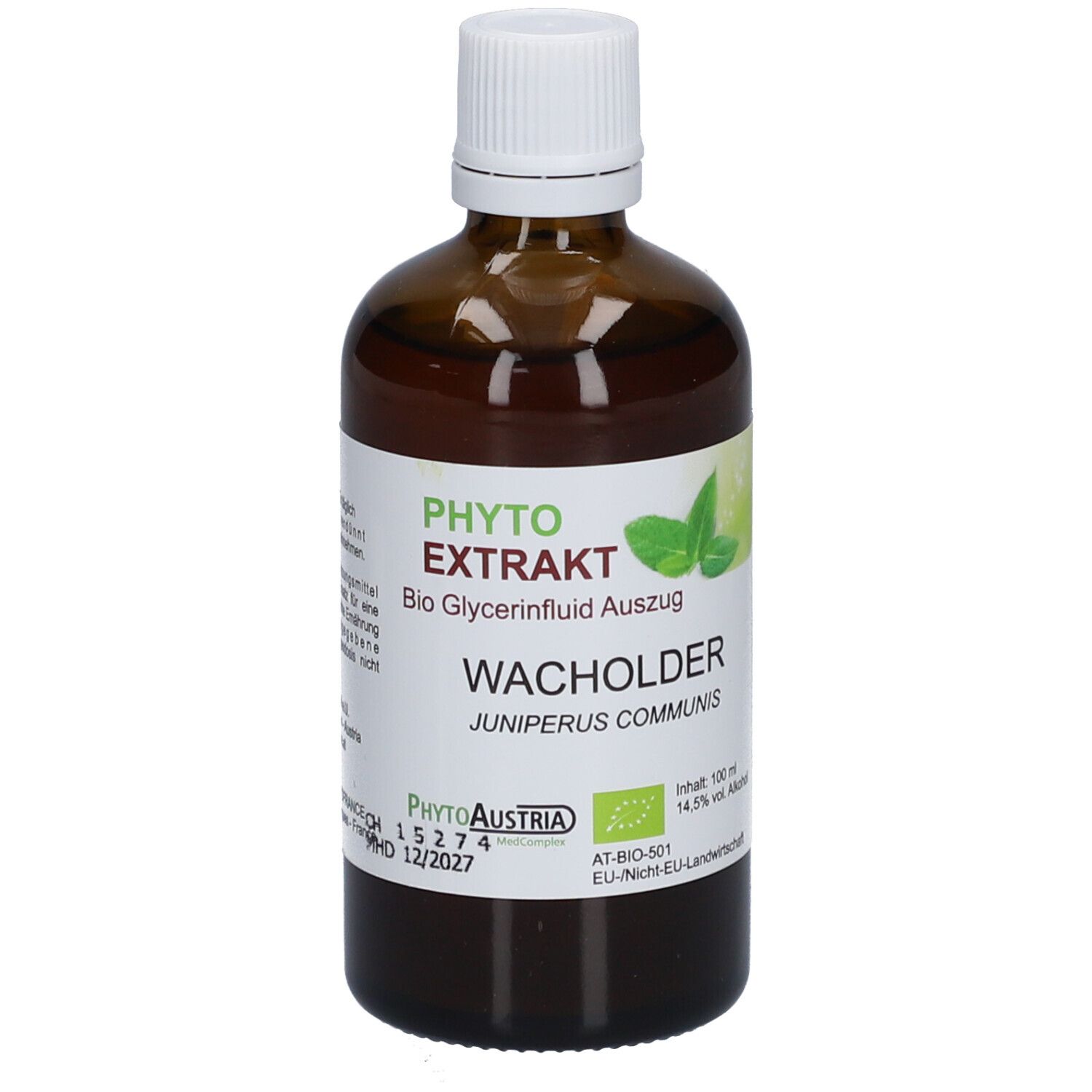 Braune Glasflasche mit weißem Deckel. Etikett mit Produktnamen, Logo und Zertifizierungen. Wacholder-Extrakt.