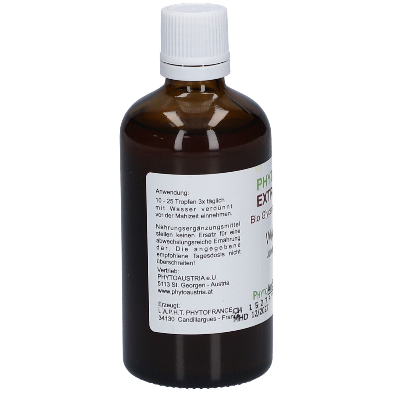 Braune Glasflasche mit weißem Deckel. Etikett mit Produktinformationen. Wacholder-Extrakt. Rückansicht.