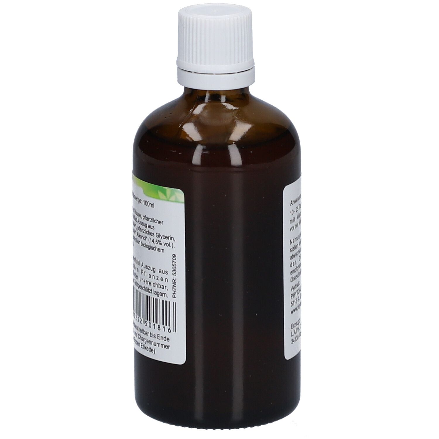 Braune Glasflasche mit weißem Deckel. Etikett mit Produktinformationen. Wacholder-Extrakt. Seitenansicht.