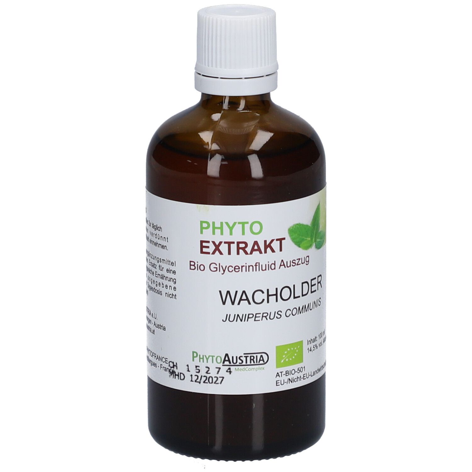 Braune Glasflasche mit weißem Deckel. Etikett mit Produktnamen, Logo und Zertifizierungen. Wacholder-Extrakt.