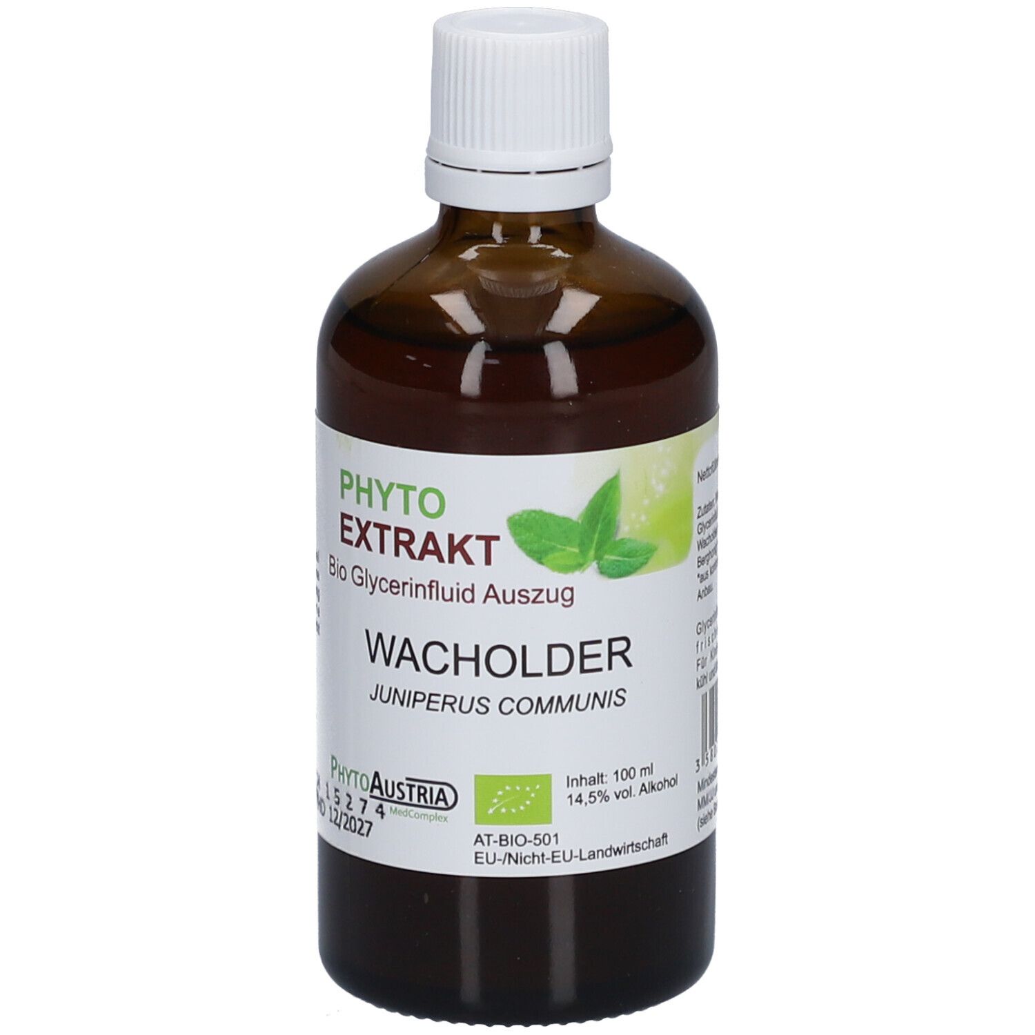 Braune Glasflasche mit weißem Deckel. Etikett mit Produktnamen, Logo und Zertifizierungen. Wacholder-Extrakt.