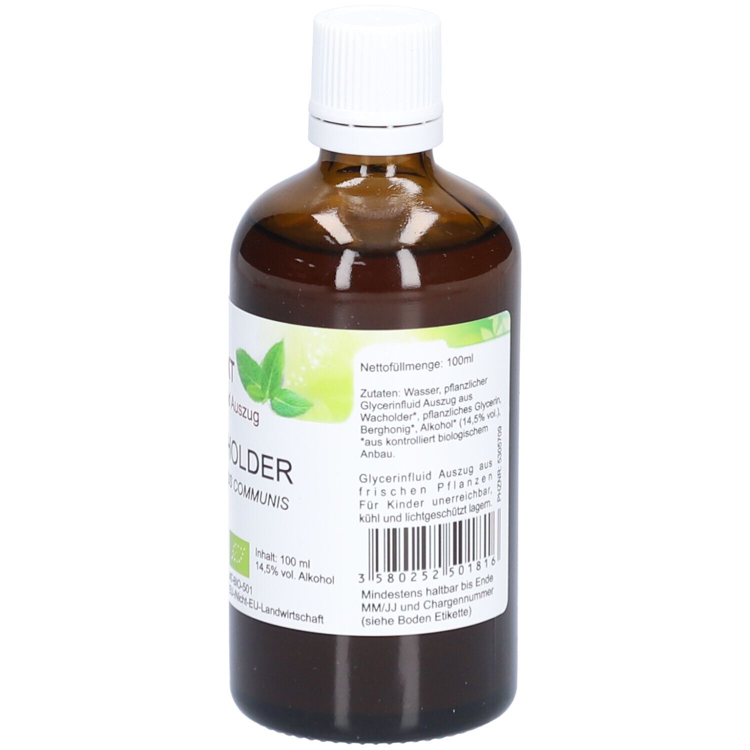 Braune Glasflasche mit weißem Deckel. Etikett mit Produktinformationen. Wacholder-Extrakt. Rückansicht.
